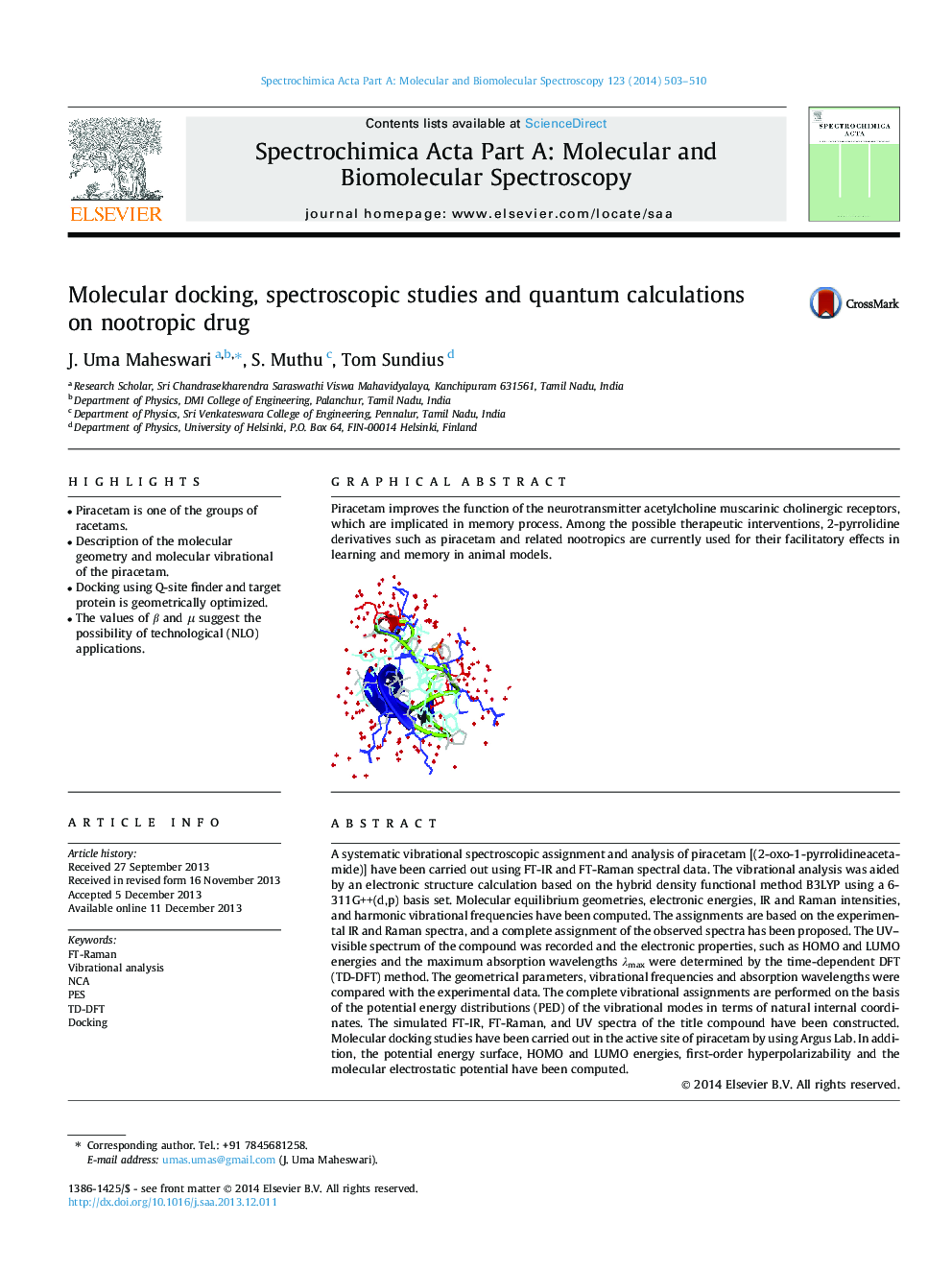 Molecular docking, spectroscopic studies and quantum calculations on nootropic drug