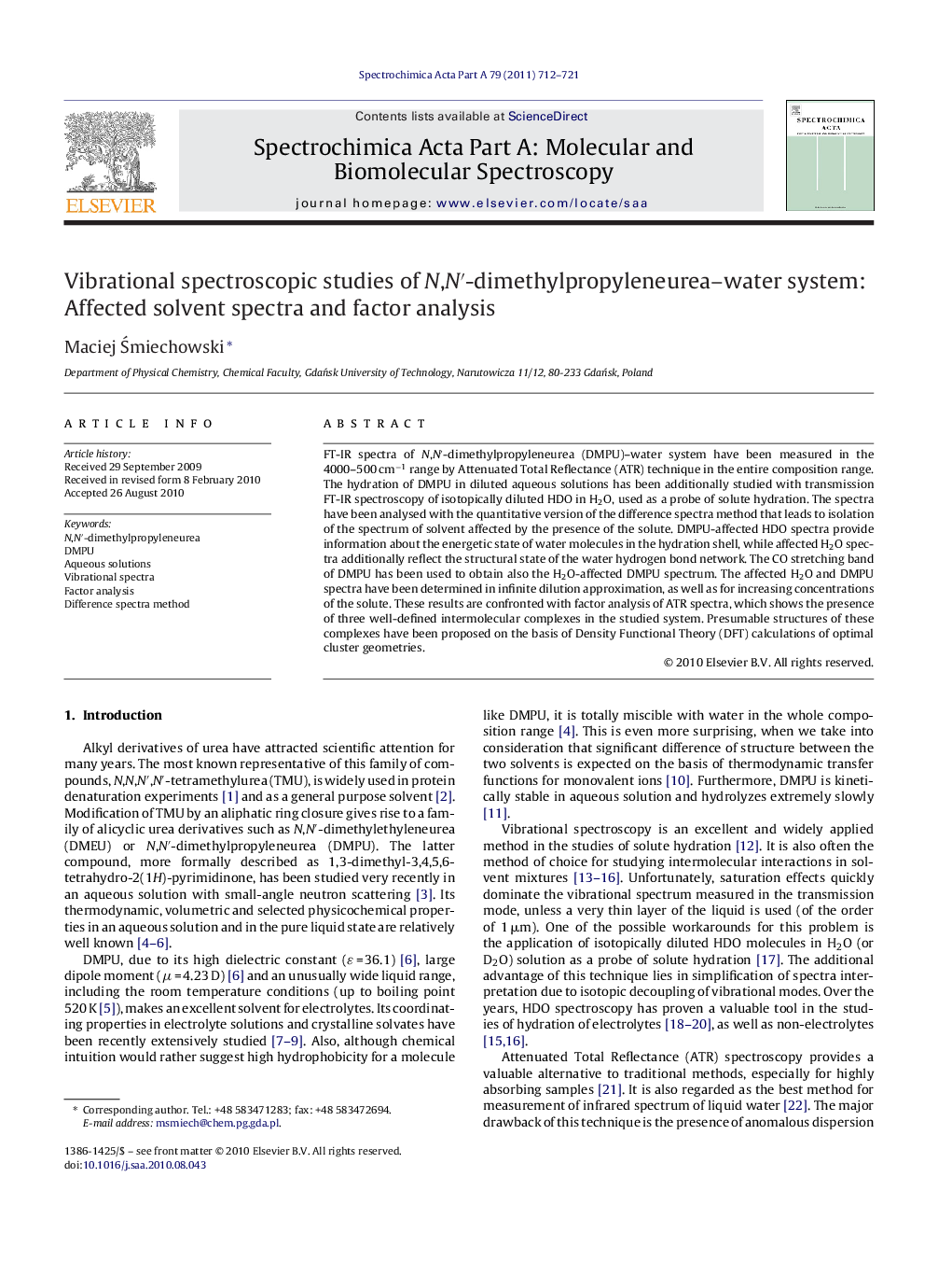 Vibrational spectroscopic studies of N,N′-dimethylpropyleneurea–water system: Affected solvent spectra and factor analysis