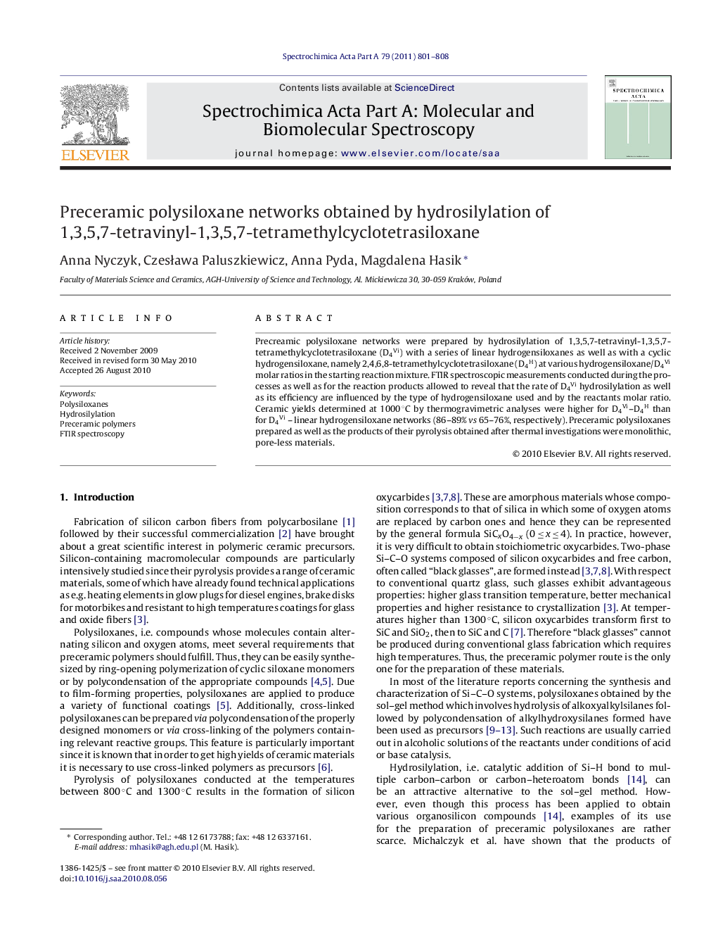 Preceramic polysiloxane networks obtained by hydrosilylation of 1,3,5,7-tetravinyl-1,3,5,7-tetramethylcyclotetrasiloxane