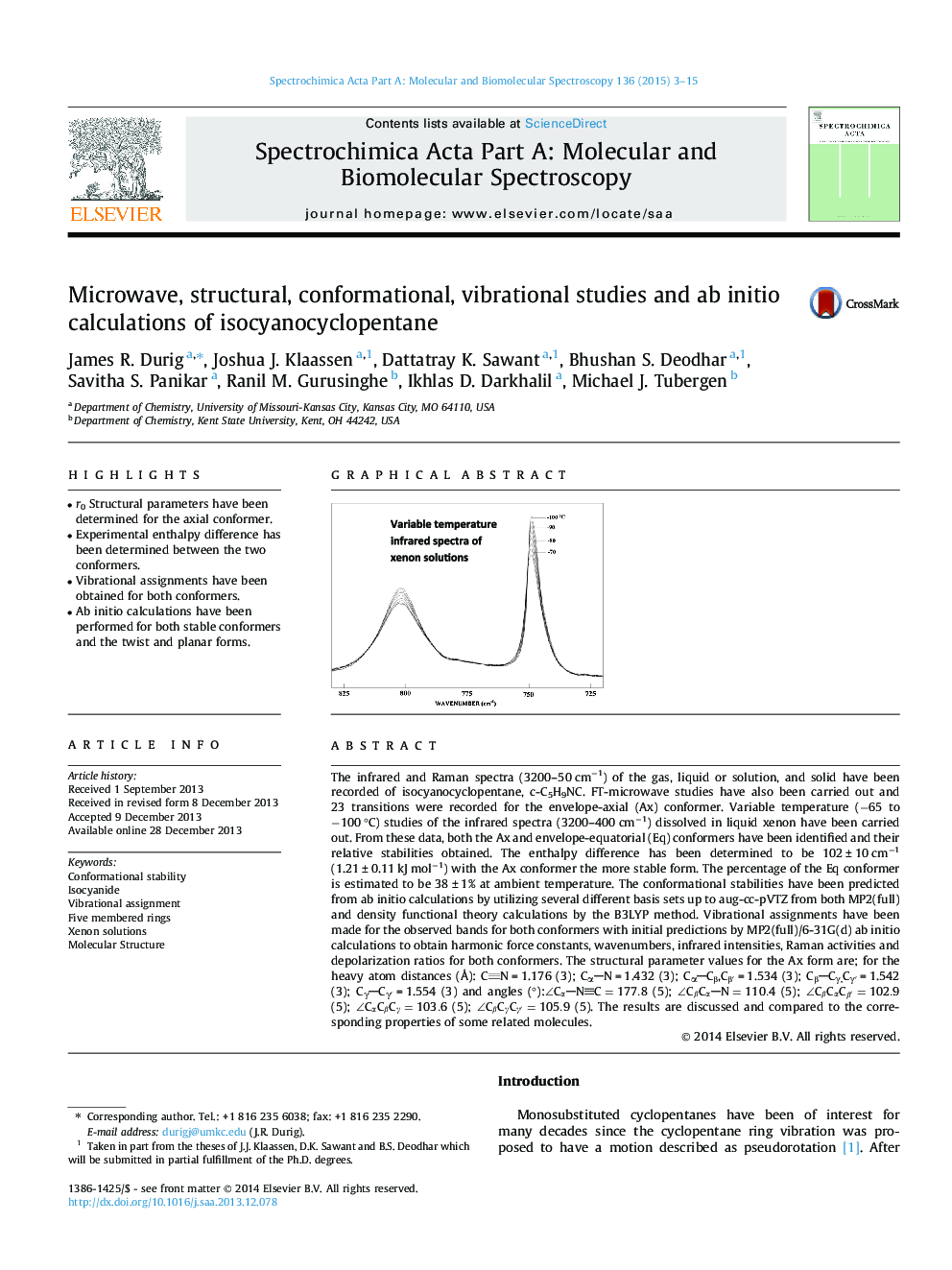 Microwave, structural, conformational, vibrational studies and ab initio calculations of isocyanocyclopentane