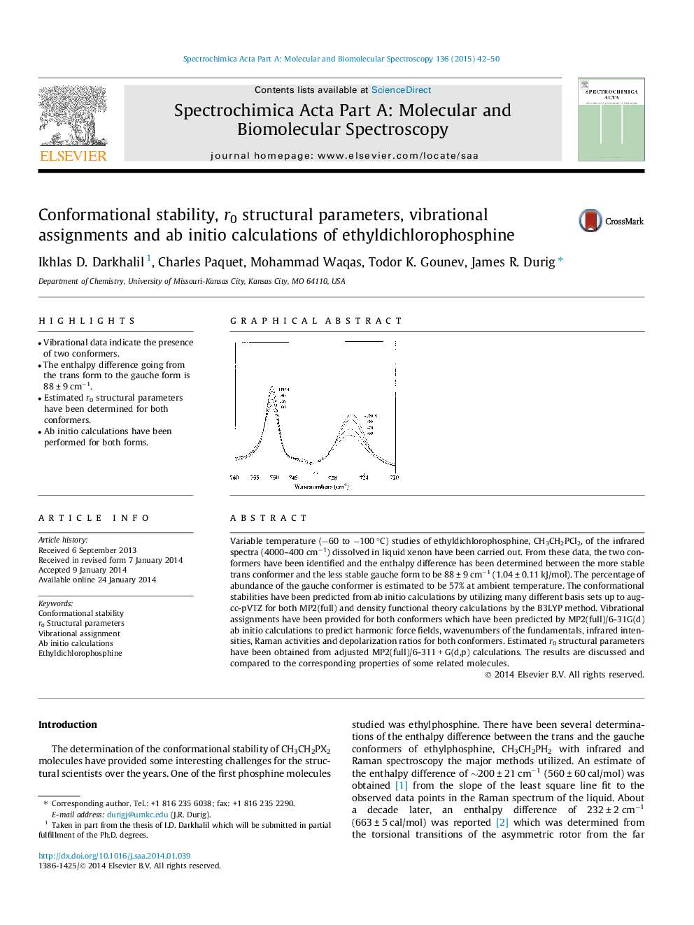 Conformational stability, r0 structural parameters, vibrational assignments and ab initio calculations of ethyldichlorophosphine