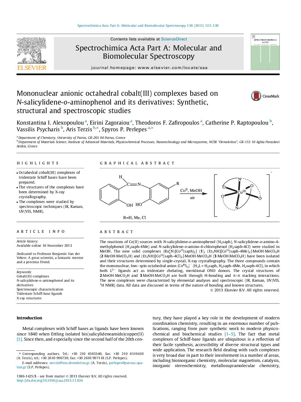 عکس صفحه اول مقاله: Mononuclear anionic octahedral cobalt(III) complexes based on N-salicylidene-o-aminophenol and its derivatives: Synthetic, structural and spectroscopic studies Mononuclear anionic octahedral cobalt(III) complexes based on N-salicylidene-o-aminophenol and its derivatives: Synthetic, structural and spectroscopic studies