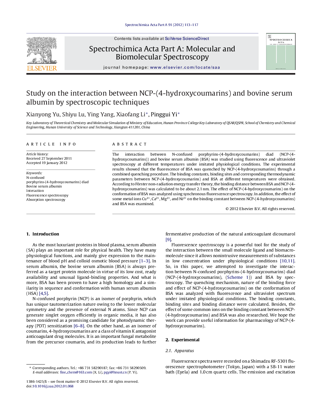 Study on the interaction between NCP-(4-hydroxycoumarins) and bovine serum albumin by spectroscopic techniques