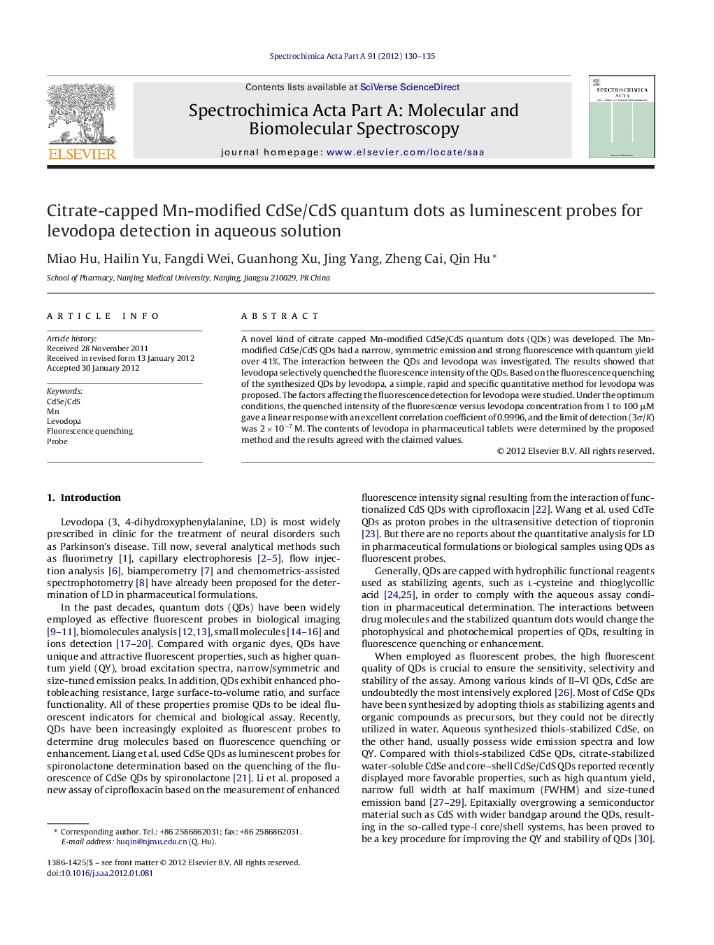 Citrate-capped Mn-modified CdSe/CdS quantum dots as luminescent probes for levodopa detection in aqueous solution