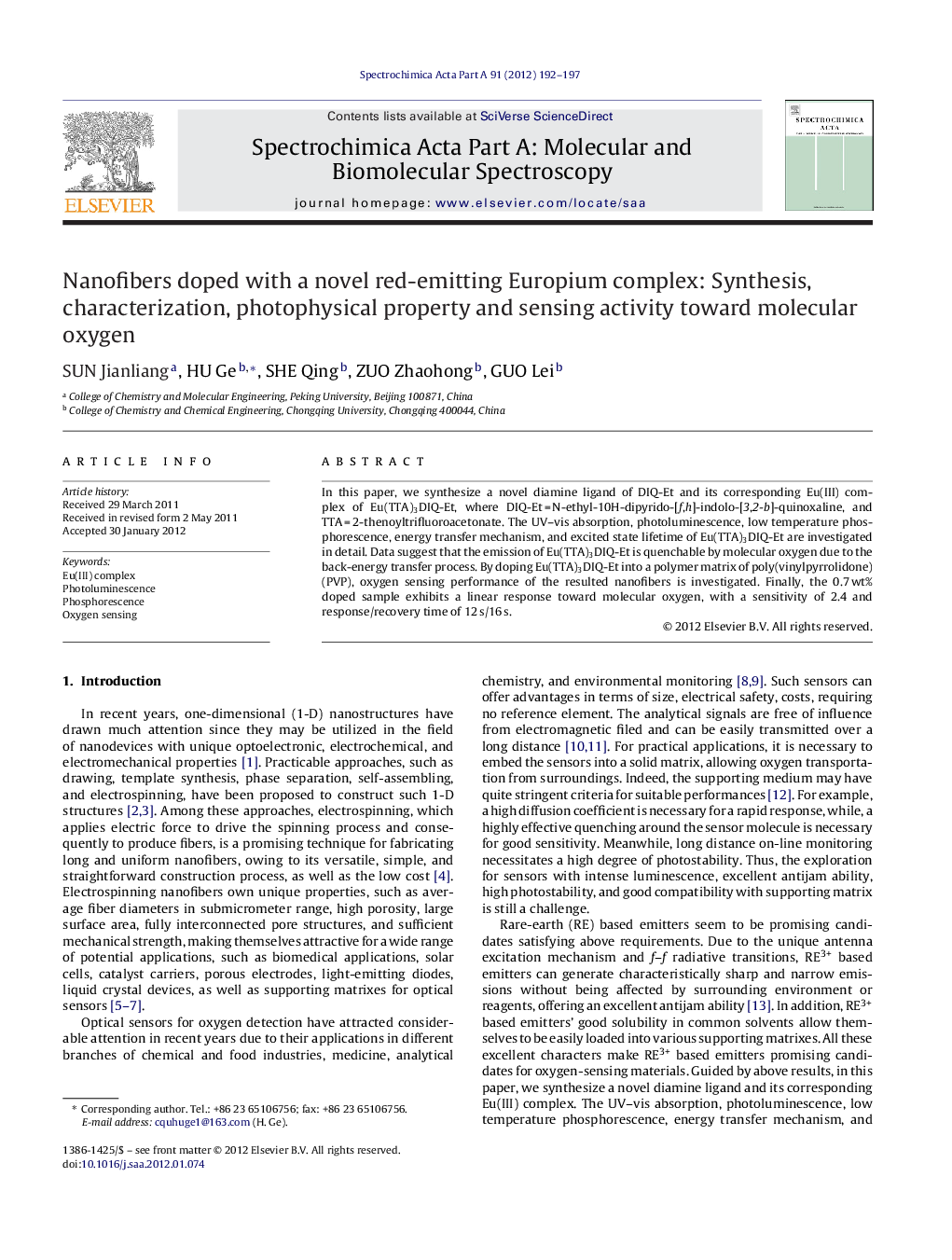 Nanofibers doped with a novel red-emitting Europium complex: Synthesis, characterization, photophysical property and sensing activity toward molecular oxygen