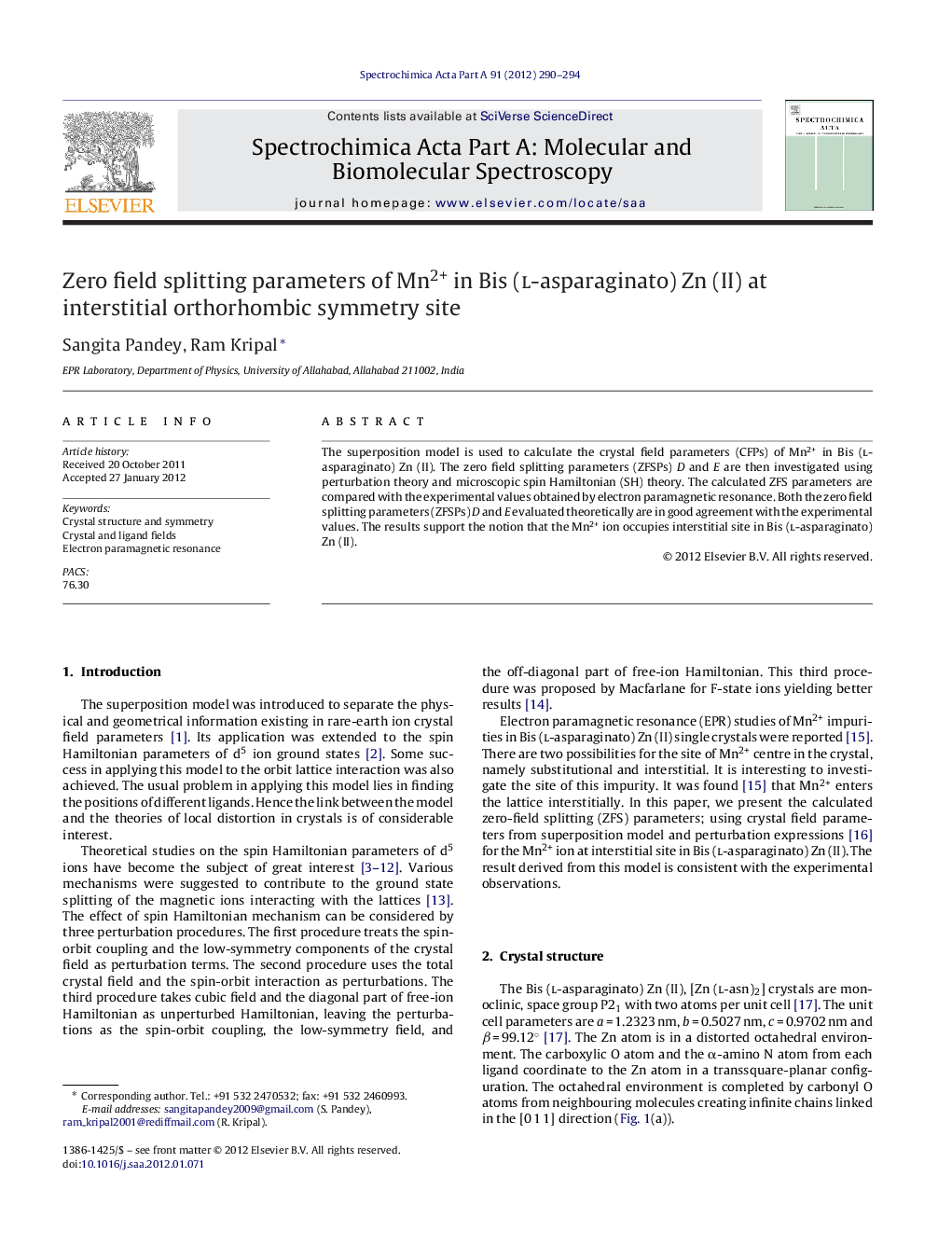 Zero field splitting parameters of Mn2+ in Bis (l-asparaginato) Zn (II) at interstitial orthorhombic symmetry site