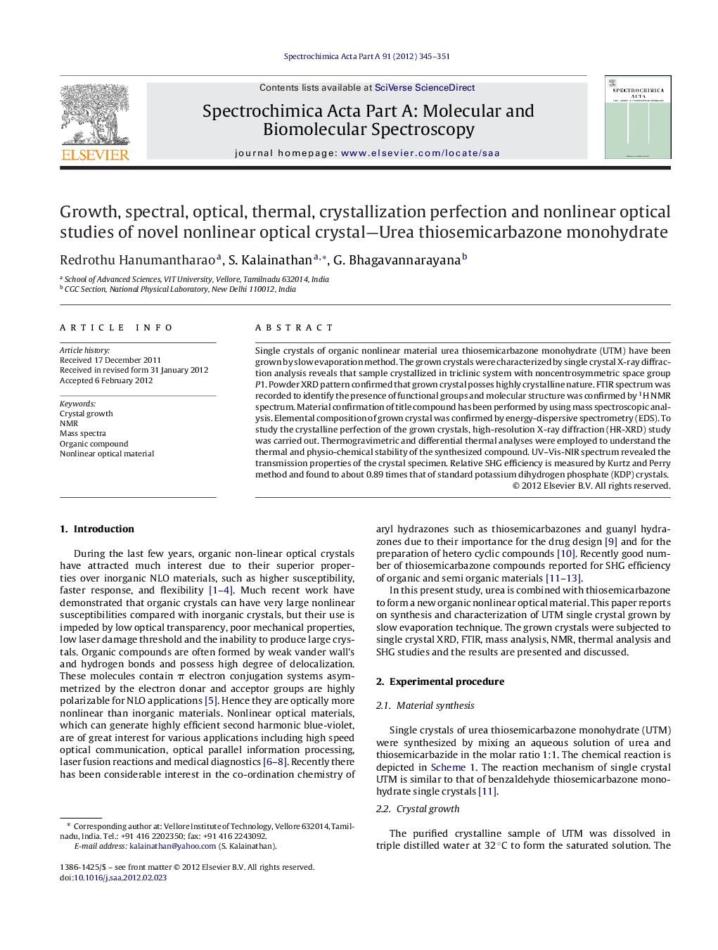 Growth, spectral, optical, thermal, crystallization perfection and nonlinear optical studies of novel nonlinear optical crystal—Urea thiosemicarbazone monohydrate