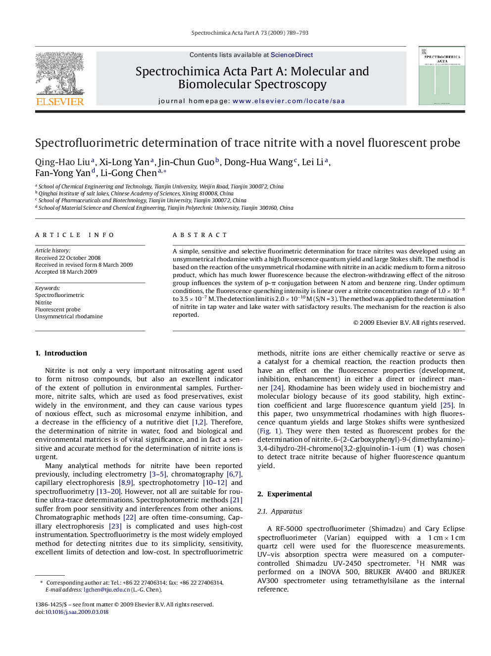 Spectrofluorimetric determination of trace nitrite with a novel fluorescent probe