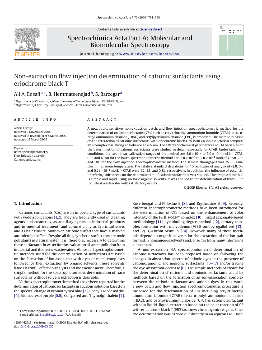 Non-extraction flow injection determination of cationic surfactants using eriochrome black-T