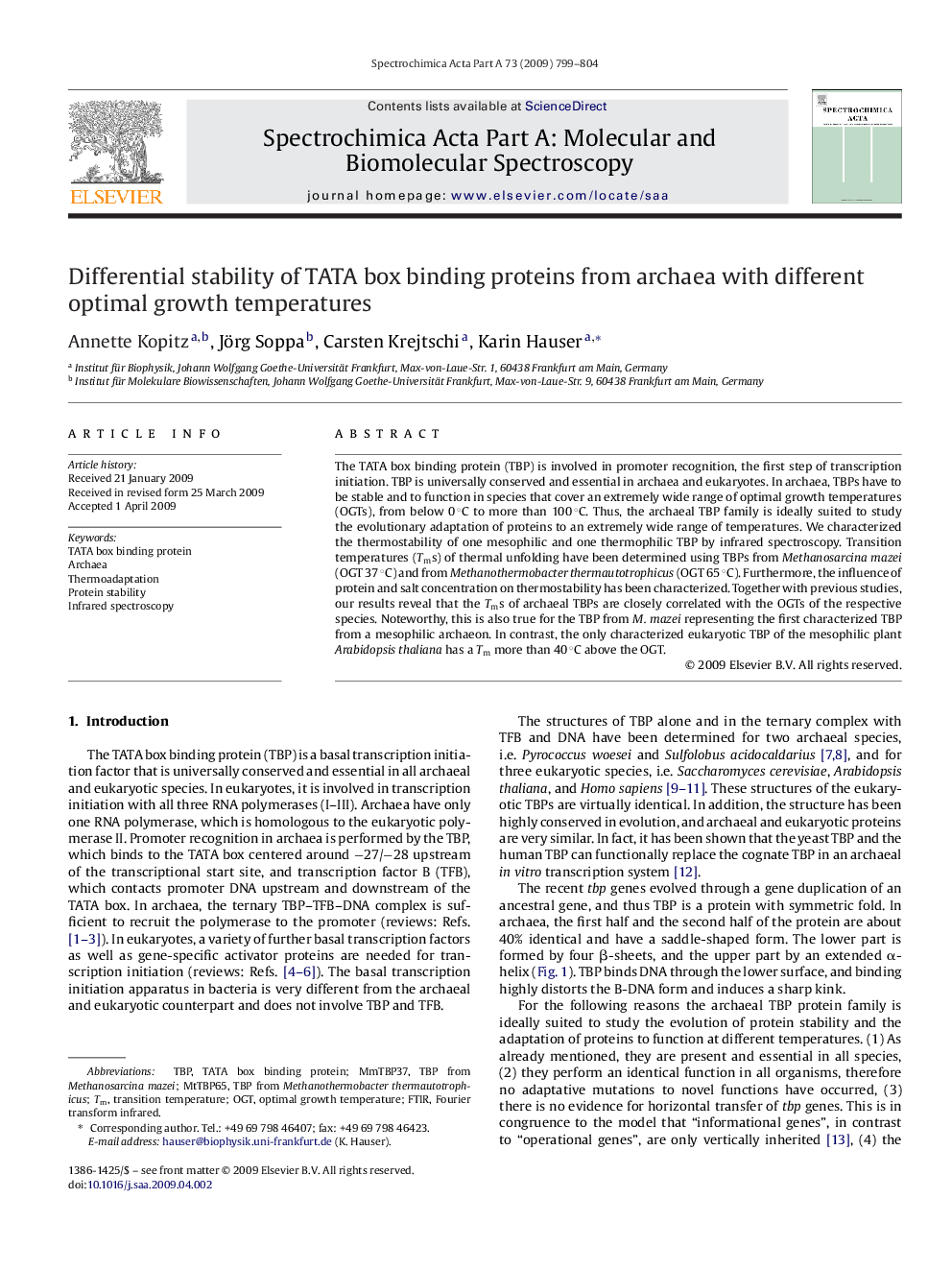 Differential stability of TATA box binding proteins from archaea with different optimal growth temperatures