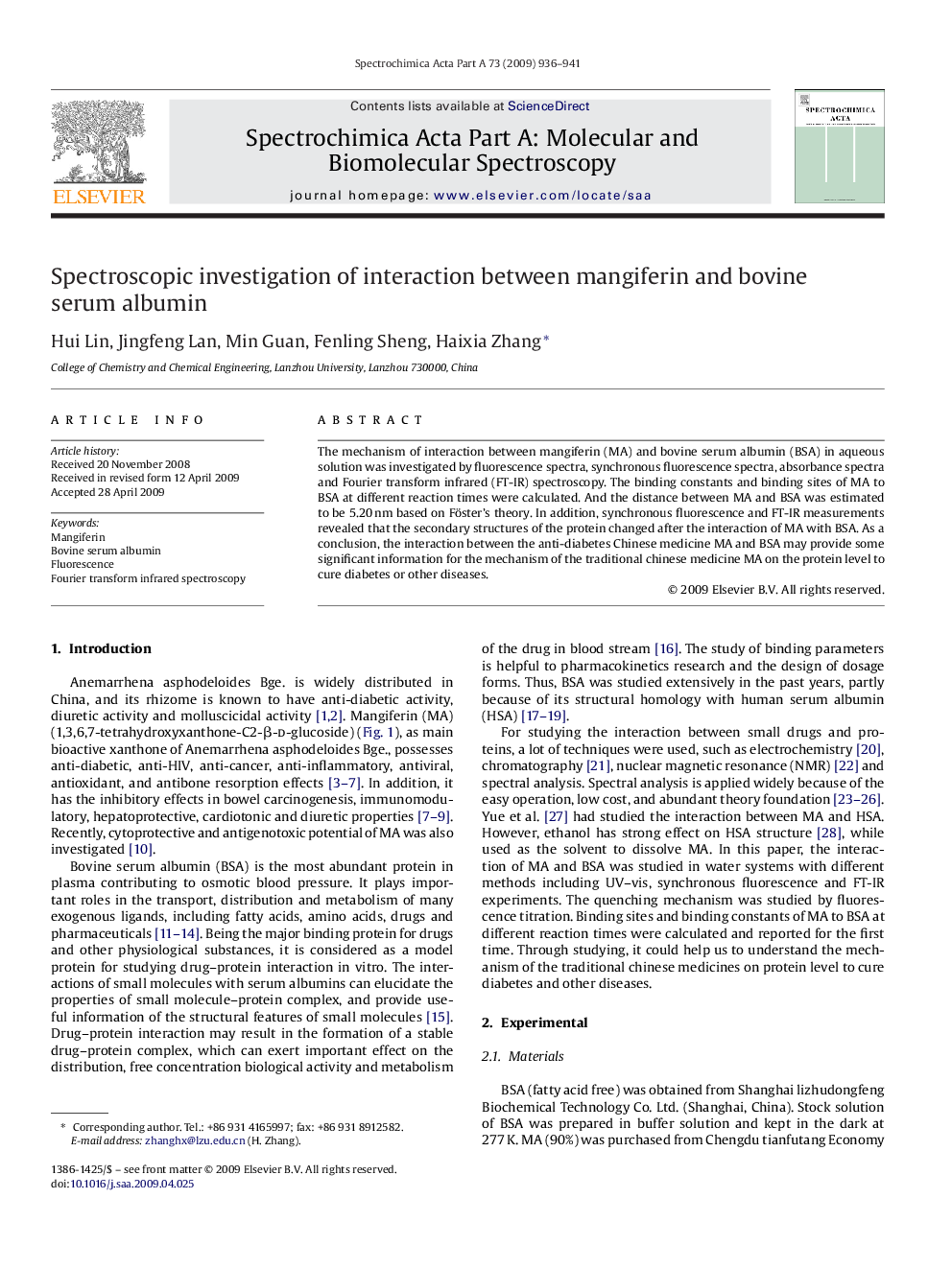 Spectroscopic investigation of interaction between mangiferin and bovine serum albumin