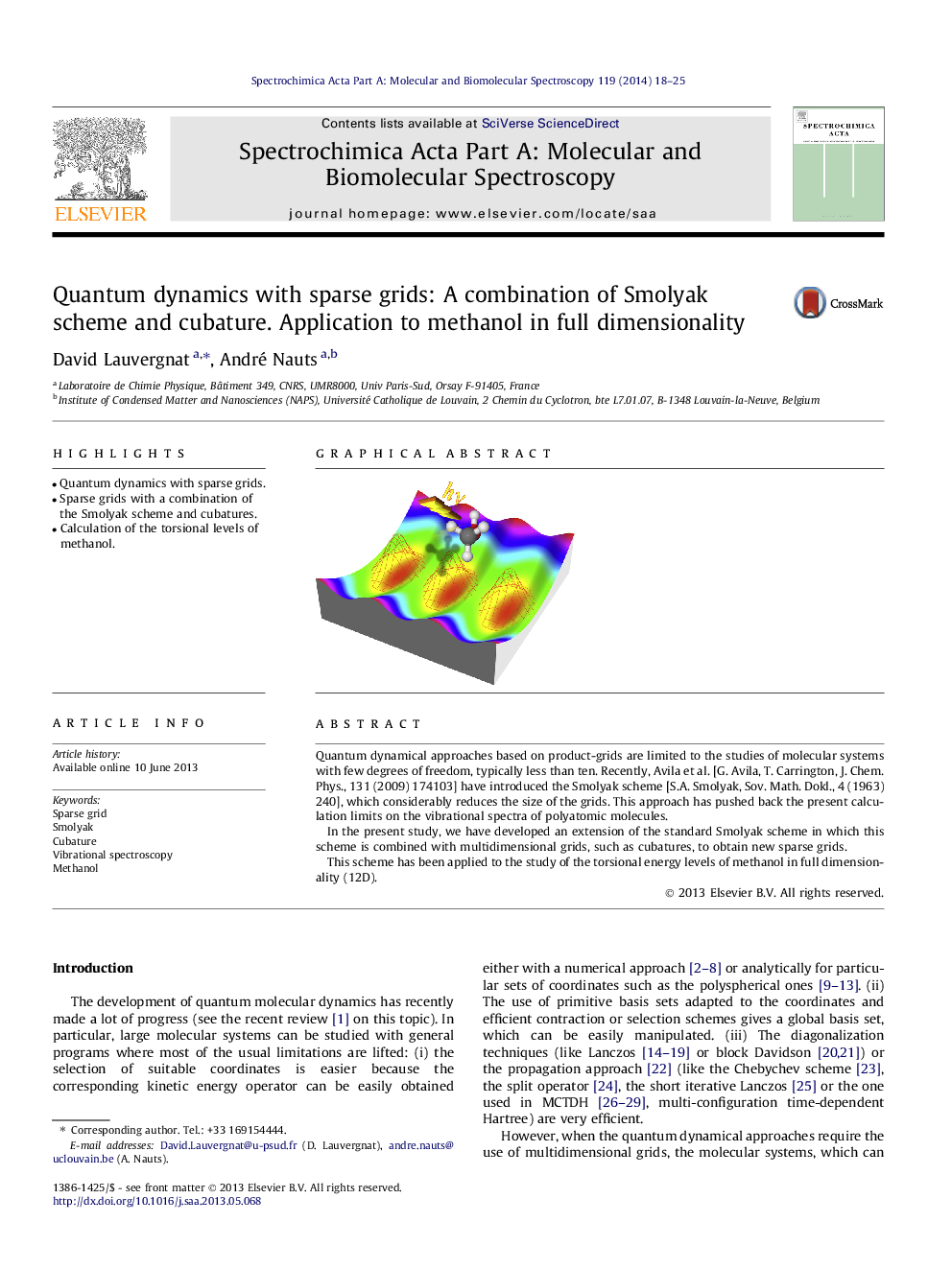 Quantum dynamics with sparse grids: A combination of Smolyak scheme and cubature. Application to methanol in full dimensionality