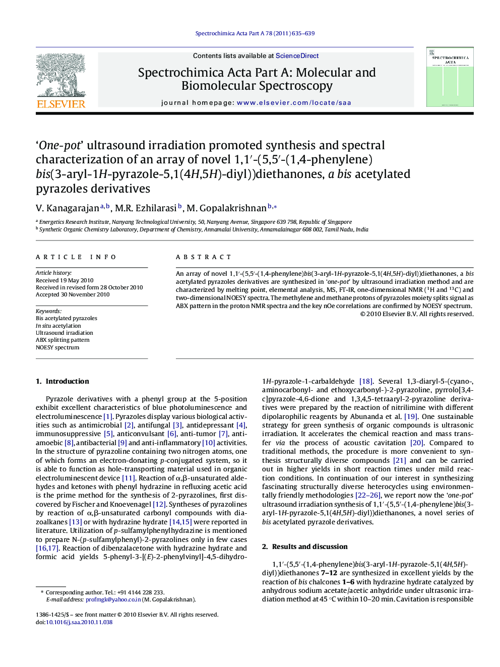 ‘One-pot’ ultrasound irradiation promoted synthesis and spectral characterization of an array of novel 1,1′-(5,5′-(1,4-phenylene)bis(3-aryl-1H-pyrazole-5,1(4H,5H)-diyl))diethanones, a bis acetylated pyrazoles derivatives