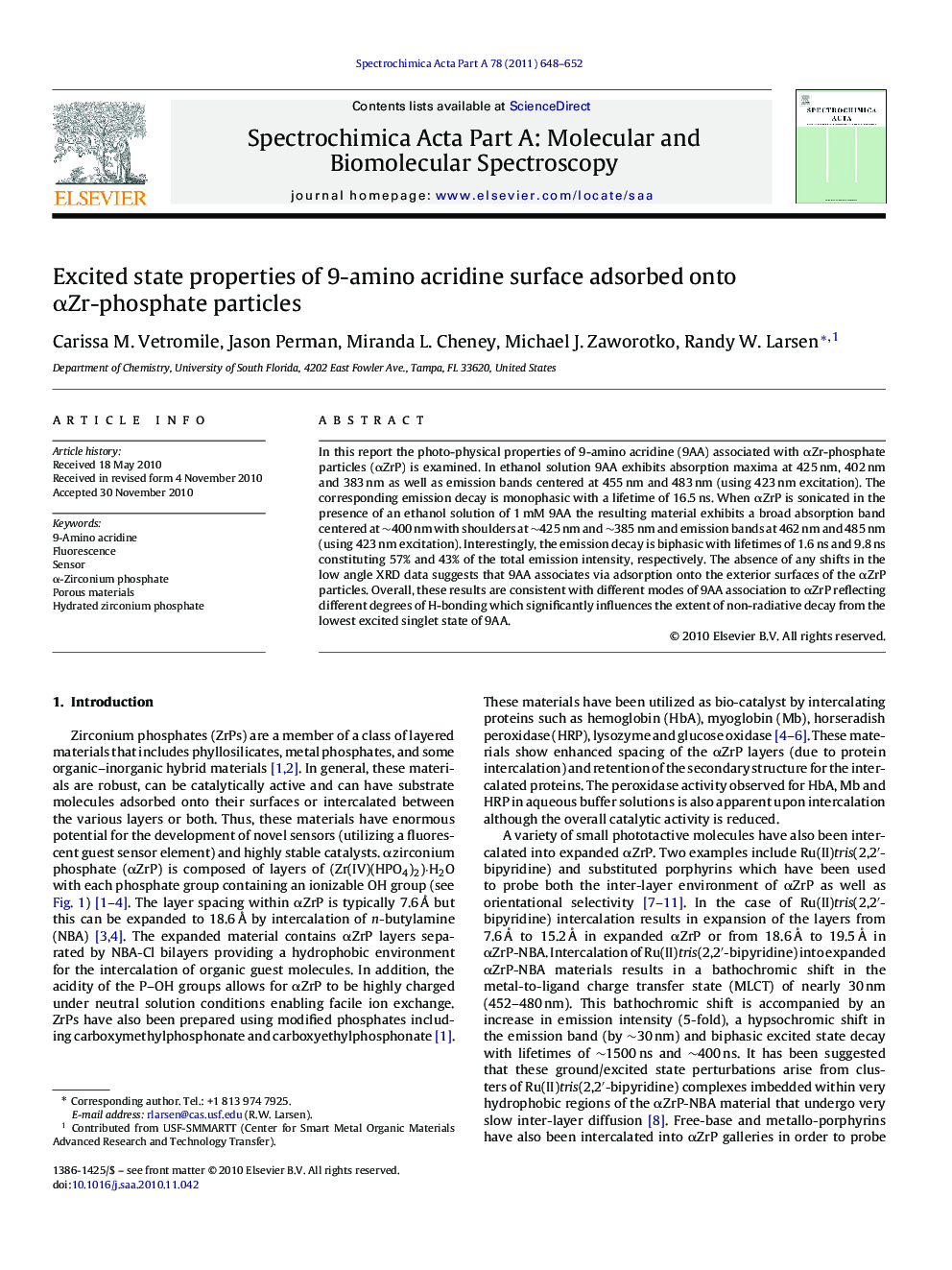 Excited state properties of 9-amino acridine surface adsorbed onto αZr-phosphate particles