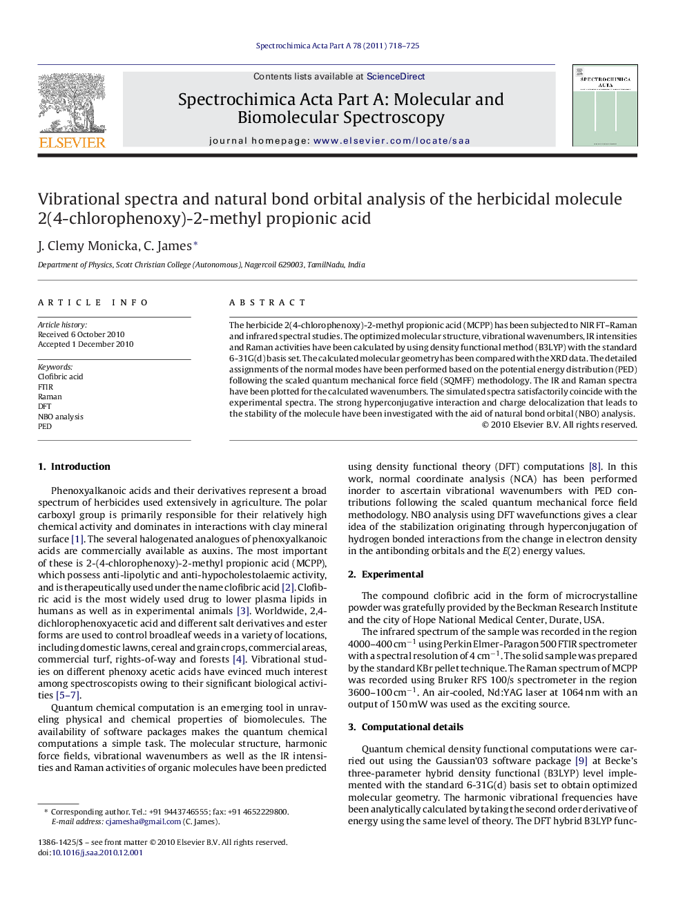 Vibrational spectra and natural bond orbital analysis of the herbicidal molecule 2(4-chlorophenoxy)-2-methyl propionic acid
