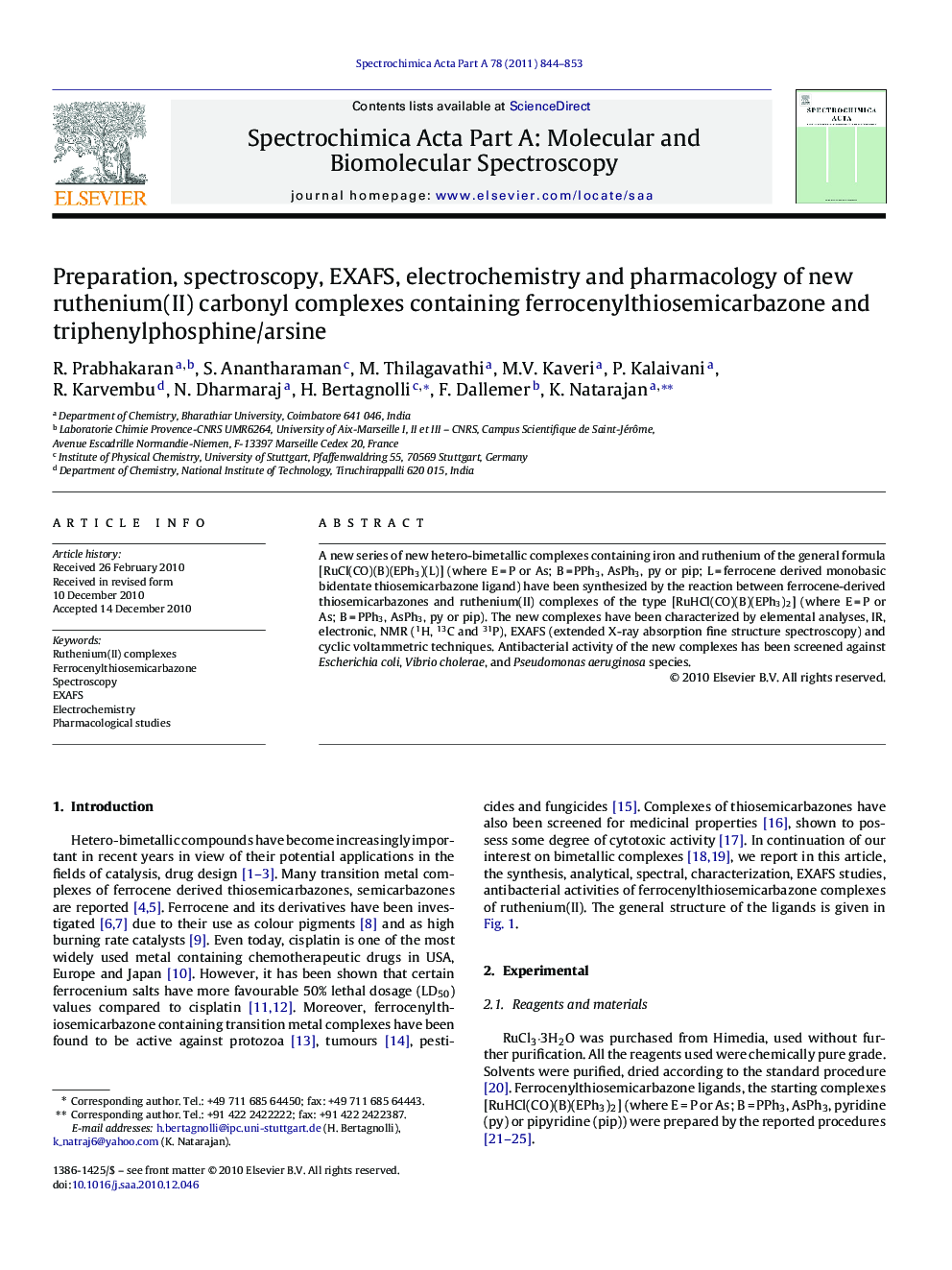 Preparation, spectroscopy, EXAFS, electrochemistry and pharmacology of new ruthenium(II) carbonyl complexes containing ferrocenylthiosemicarbazone and triphenylphosphine/arsine