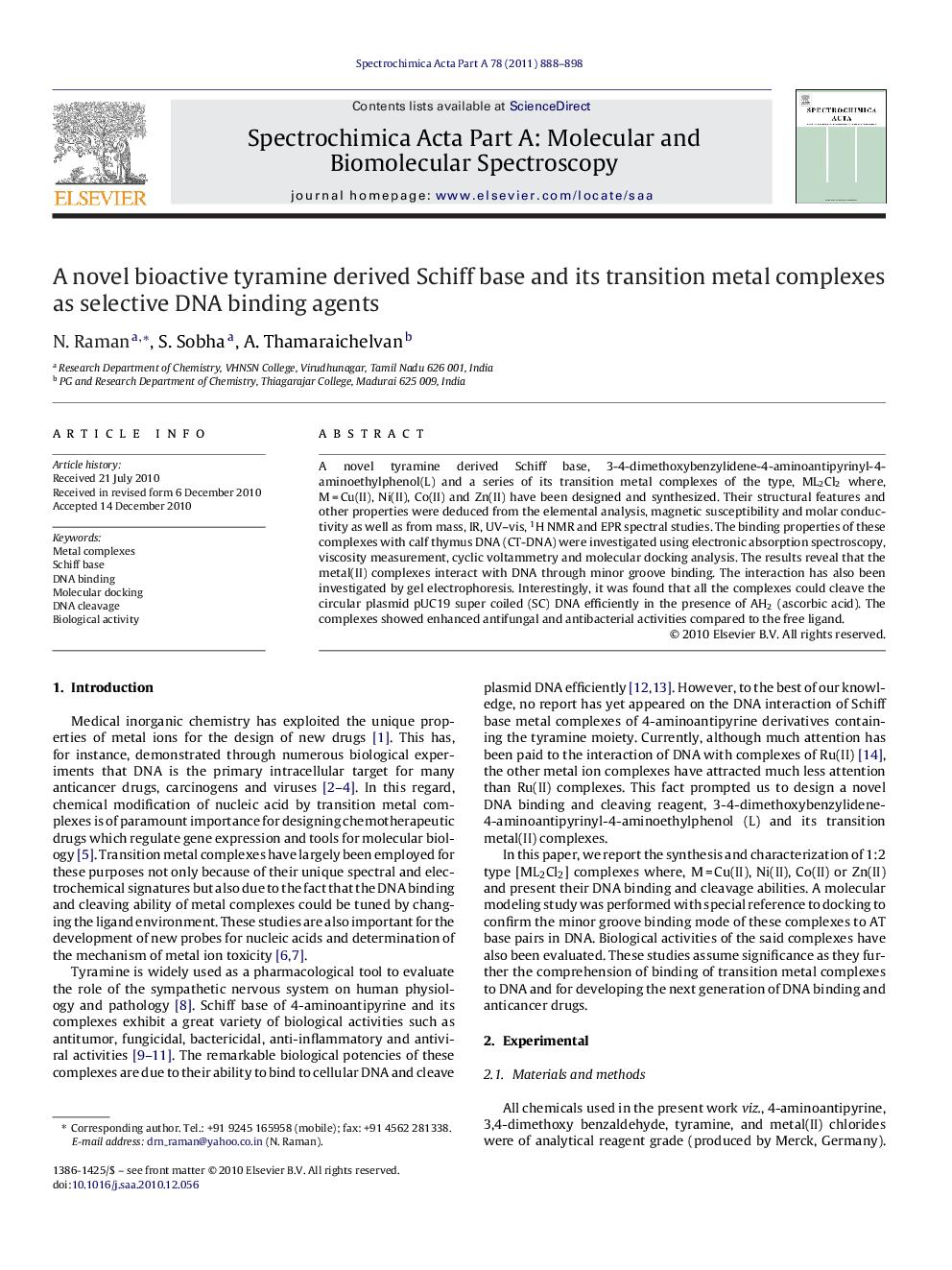 A novel bioactive tyramine derived Schiff base and its transition metal complexes as selective DNA binding agents