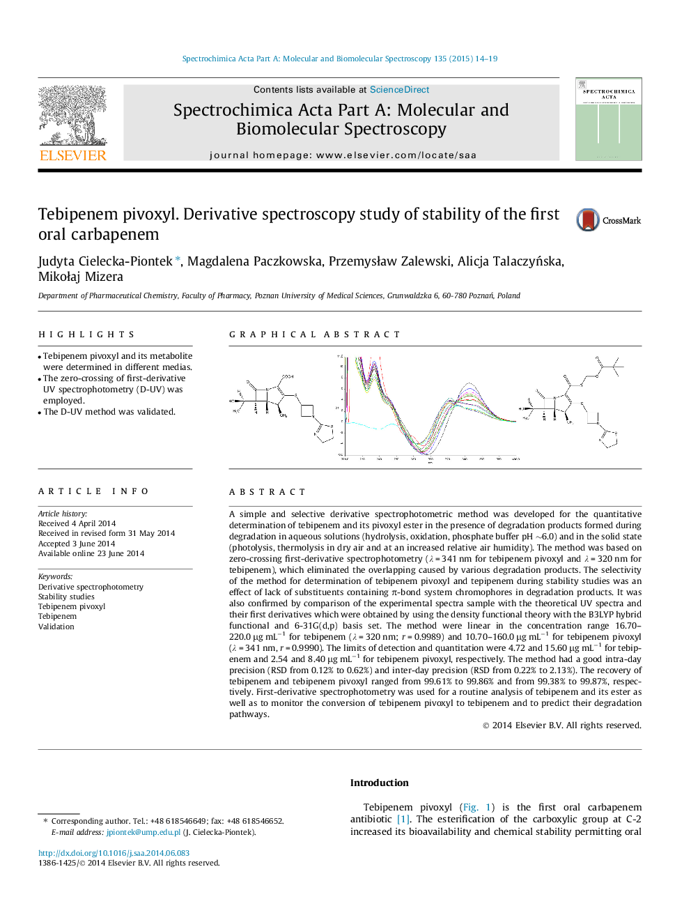 Tebipenem pivoxyl. Derivative spectroscopy study of stability of the first oral carbapenem