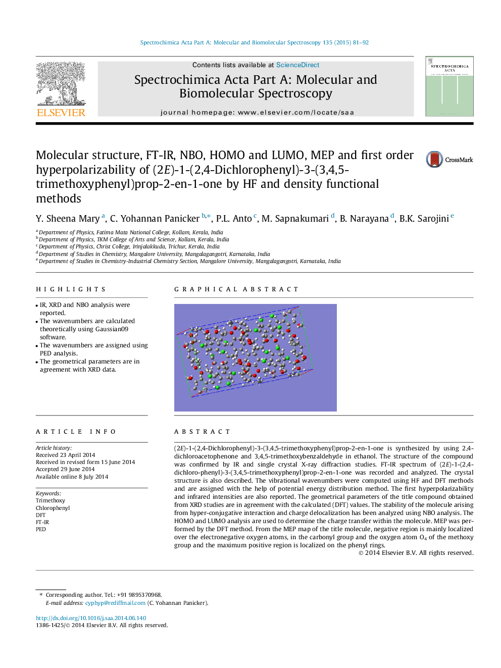 Molecular structure, FT-IR, NBO, HOMO and LUMO, MEP and first order hyperpolarizability of (2E)-1-(2,4-Dichlorophenyl)-3-(3,4,5-trimethoxyphenyl)prop-2-en-1-one by HF and density functional methods