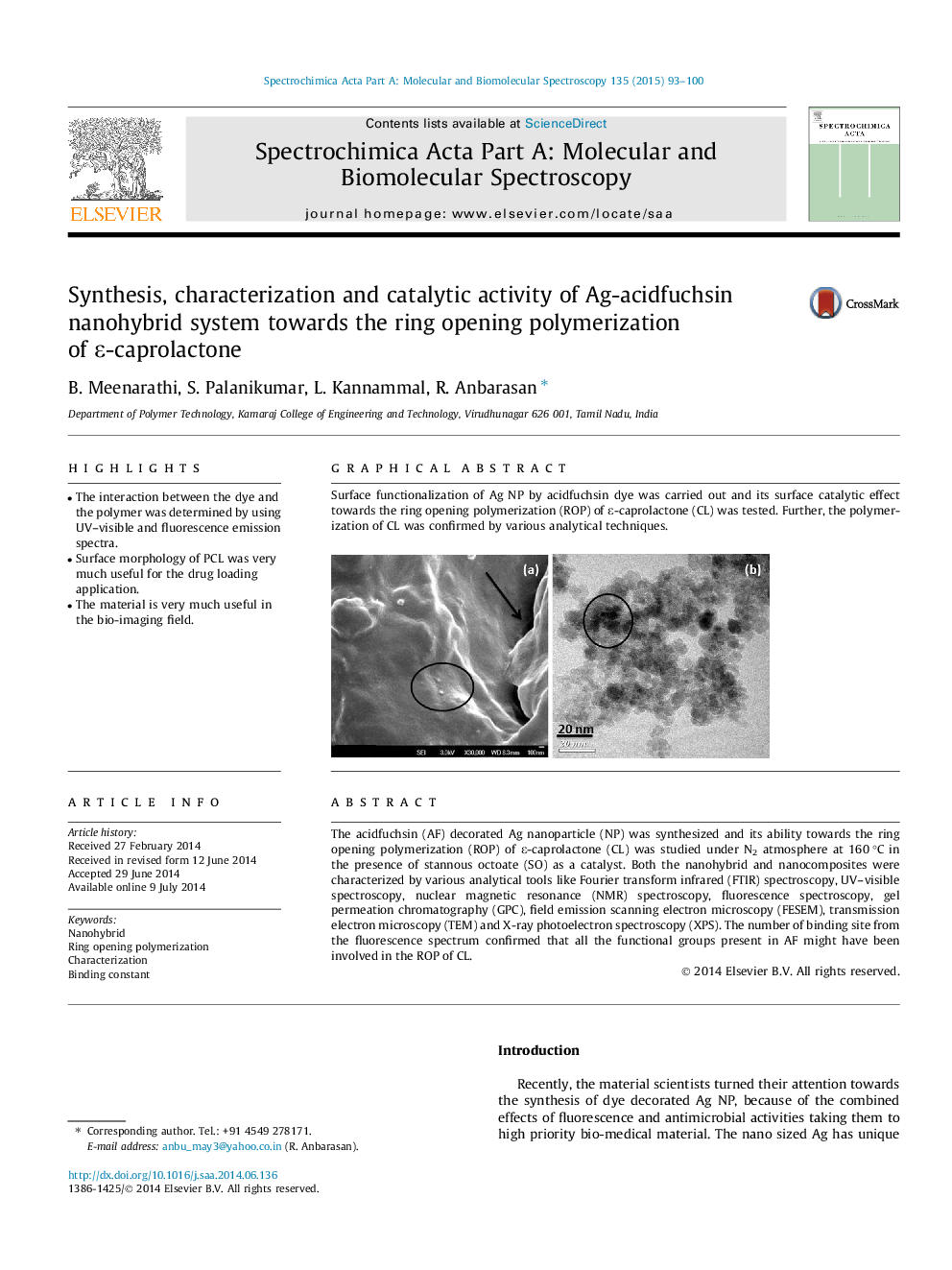 Synthesis, characterization and catalytic activity of Ag-acidfuchsin nanohybrid system towards the ring opening polymerization of ε-caprolactone