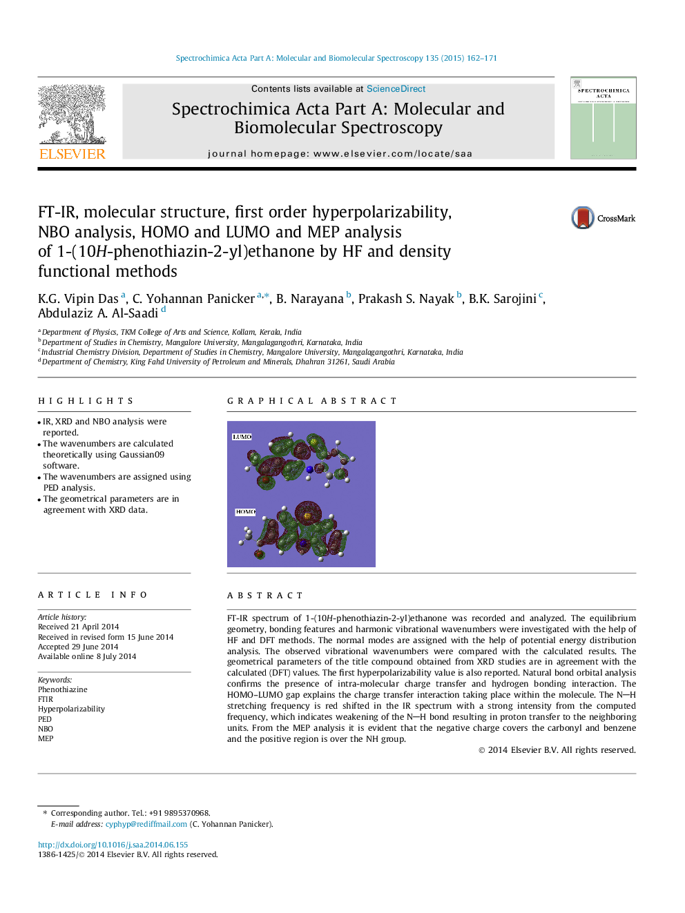 FT-IR, molecular structure, first order hyperpolarizability, NBO analysis, HOMO and LUMO and MEP analysis of 1-(10H-phenothiazin-2-yl)ethanone by HF and density functional methods