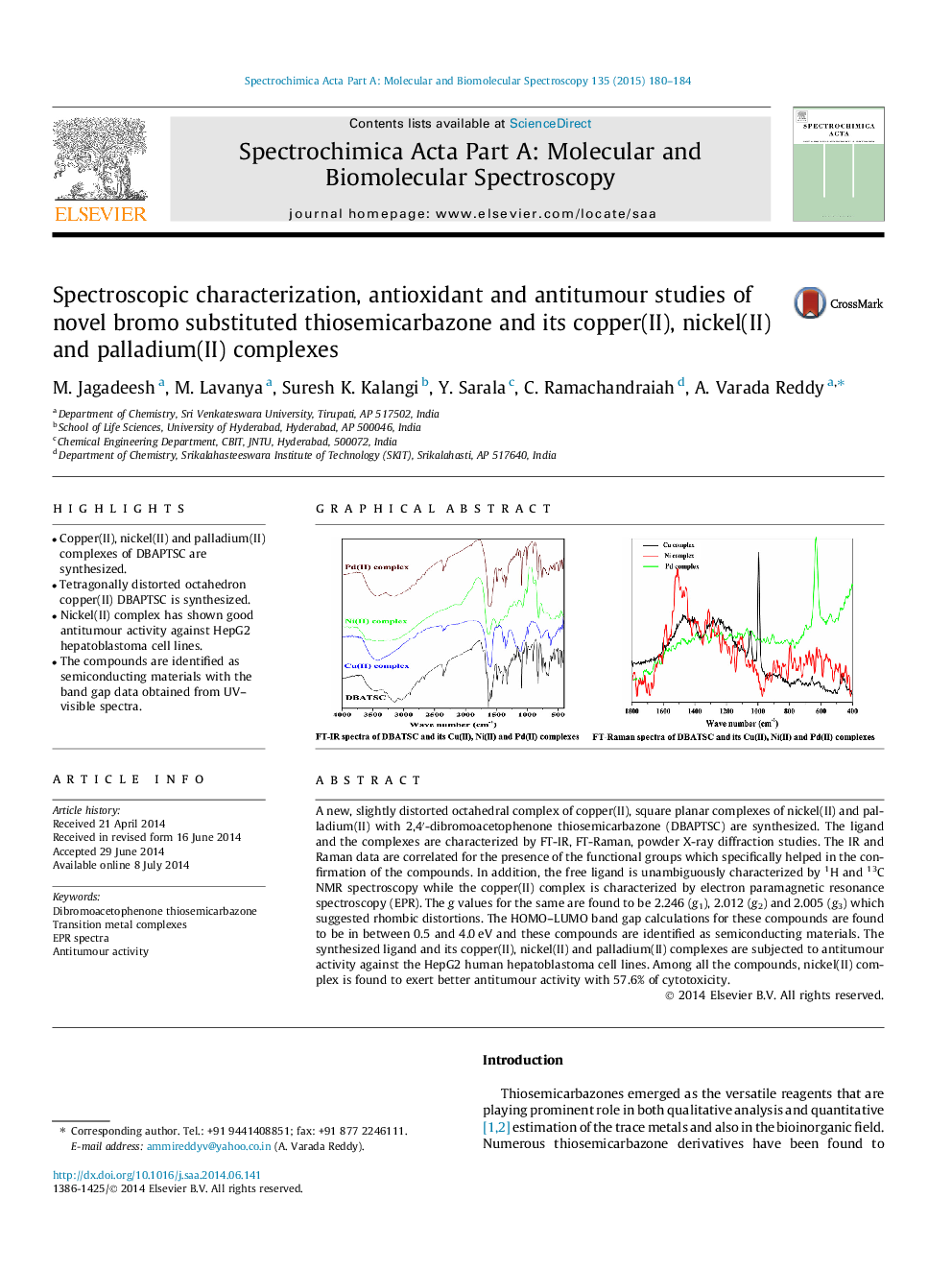 Spectroscopic characterization, antioxidant and antitumour studies of novel bromo substituted thiosemicarbazone and its copper(II), nickel(II) and palladium(II) complexes