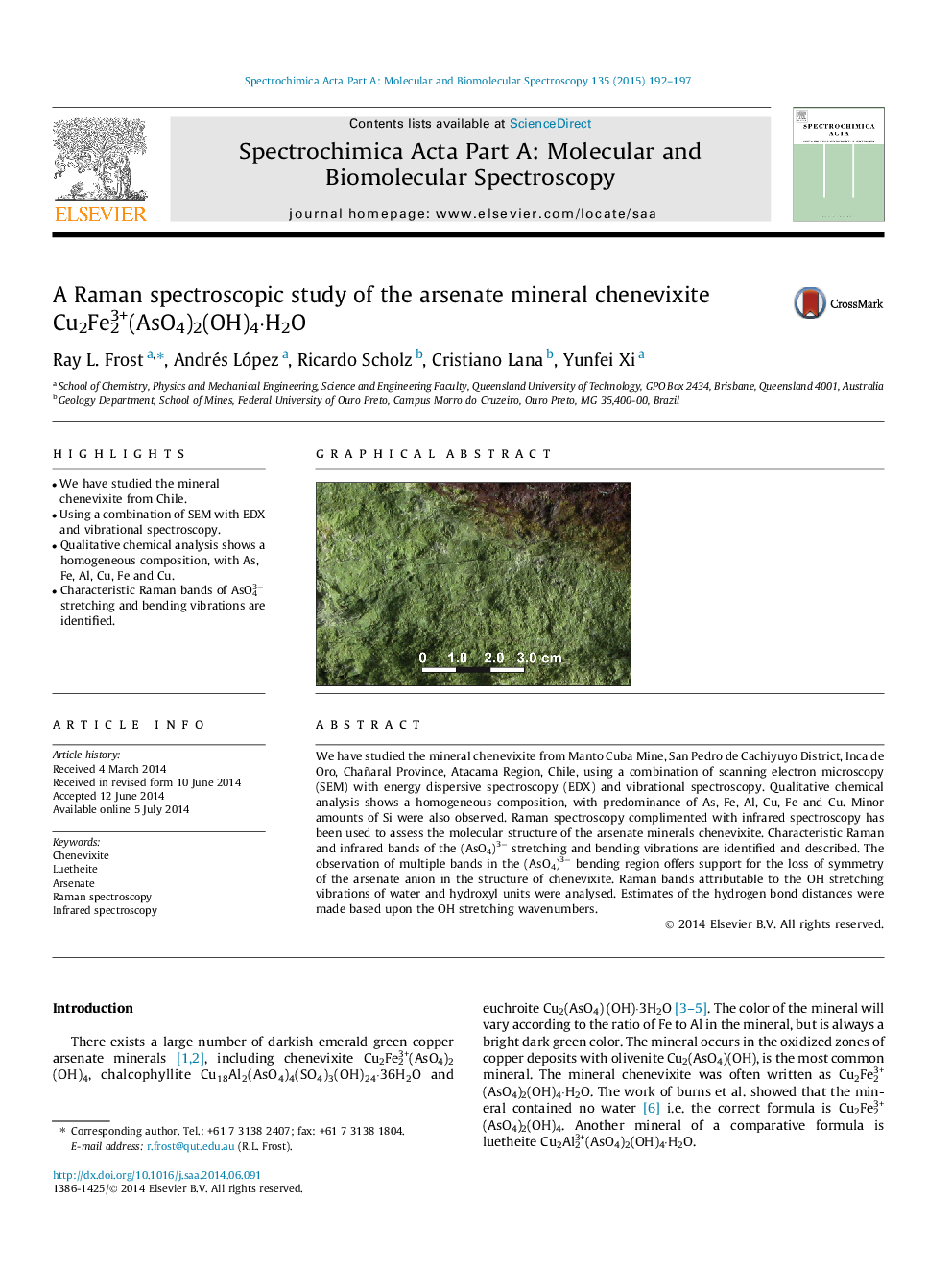 A Raman spectroscopic study of the arsenate mineral chenevixite Cu2Fe23+(AsO4)2(OH)4⋅H2O