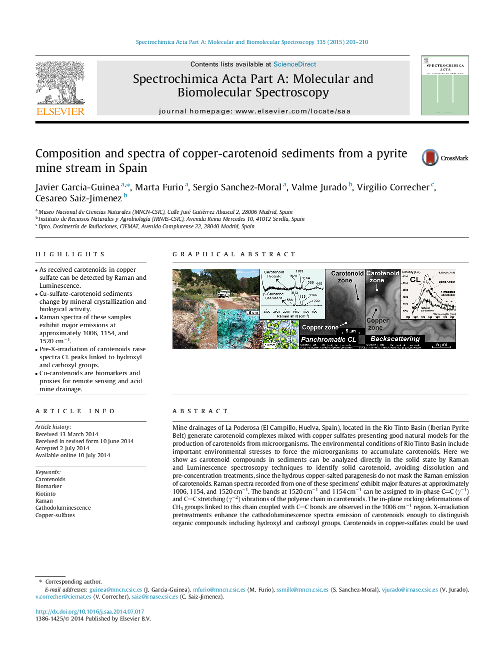 Composition and spectra of copper-carotenoid sediments from a pyrite mine stream in Spain