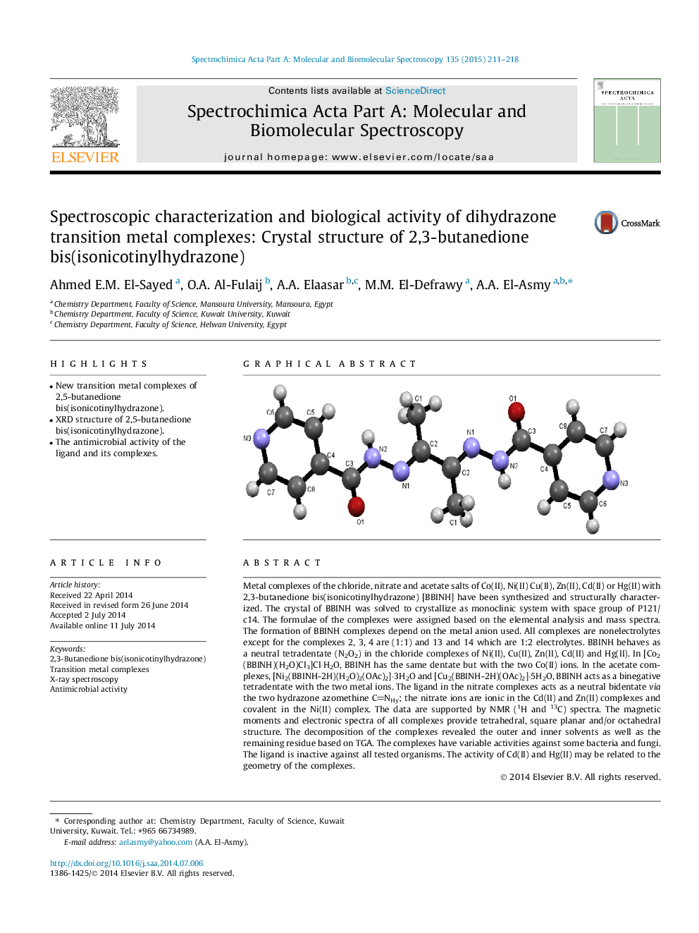 Spectroscopic characterization and biological activity of dihydrazone transition metal complexes: Crystal structure of 2,3-butanedione bis(isonicotinylhydrazone)