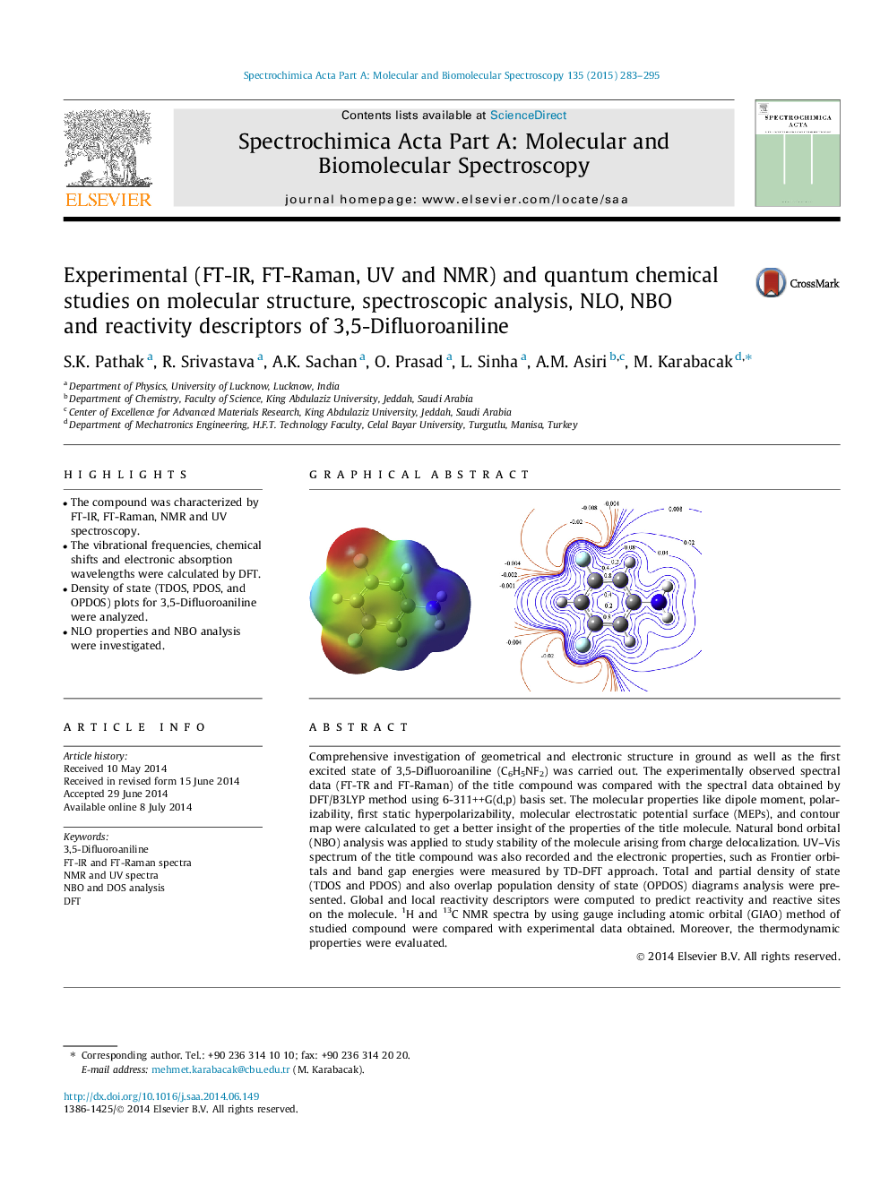 Experimental (FT-IR, FT-Raman, UV and NMR) and quantum chemical studies on molecular structure, spectroscopic analysis, NLO, NBO and reactivity descriptors of 3,5-Difluoroaniline