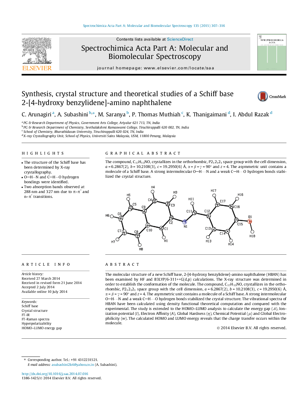 Synthesis, crystal structure and theoretical studies of a Schiff base 2-[4-hydroxy benzylidene]-amino naphthalene