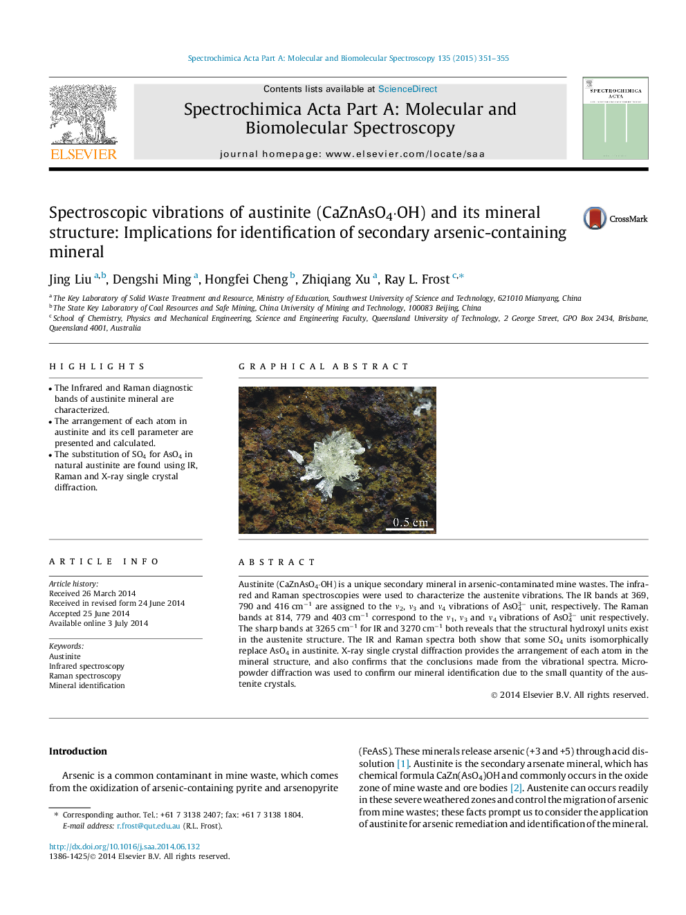 Spectroscopic vibrations of austinite (CaZnAsO4âOH) and its mineral structure: Implications for identification of secondary arsenic-containing mineral