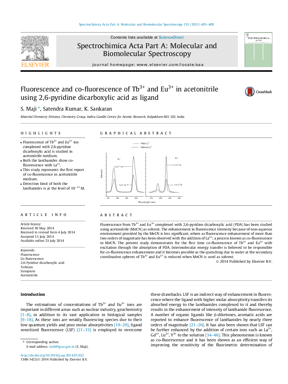 Fluorescence and co-fluorescence of Tb3+ and Eu3+ in acetonitrile using 2,6-pyridine dicarboxylic acid as ligand