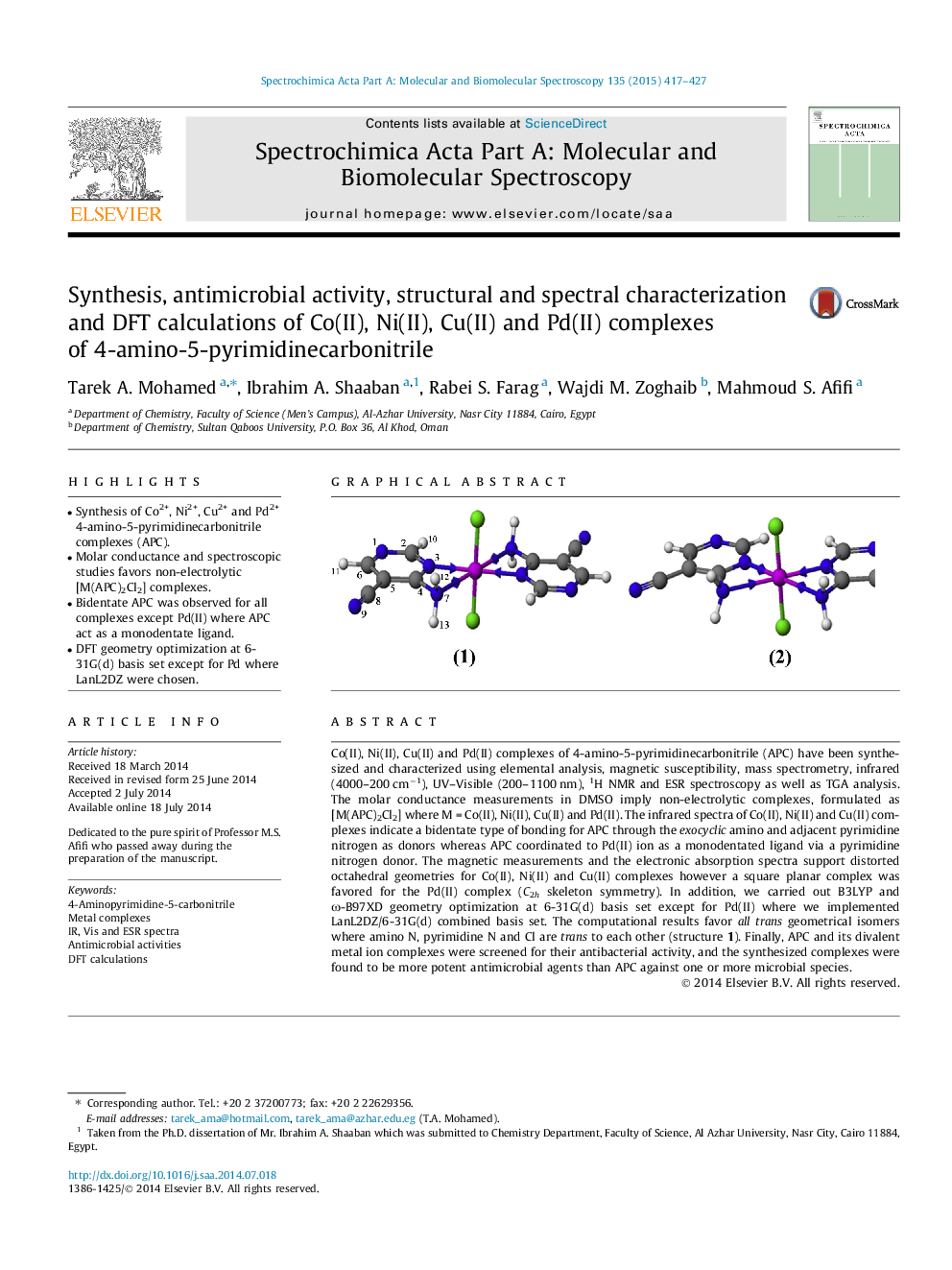 Synthesis, antimicrobial activity, structural and spectral characterization and DFT calculations of Co(II), Ni(II), Cu(II) and Pd(II) complexes of 4-amino-5-pyrimidinecarbonitrile