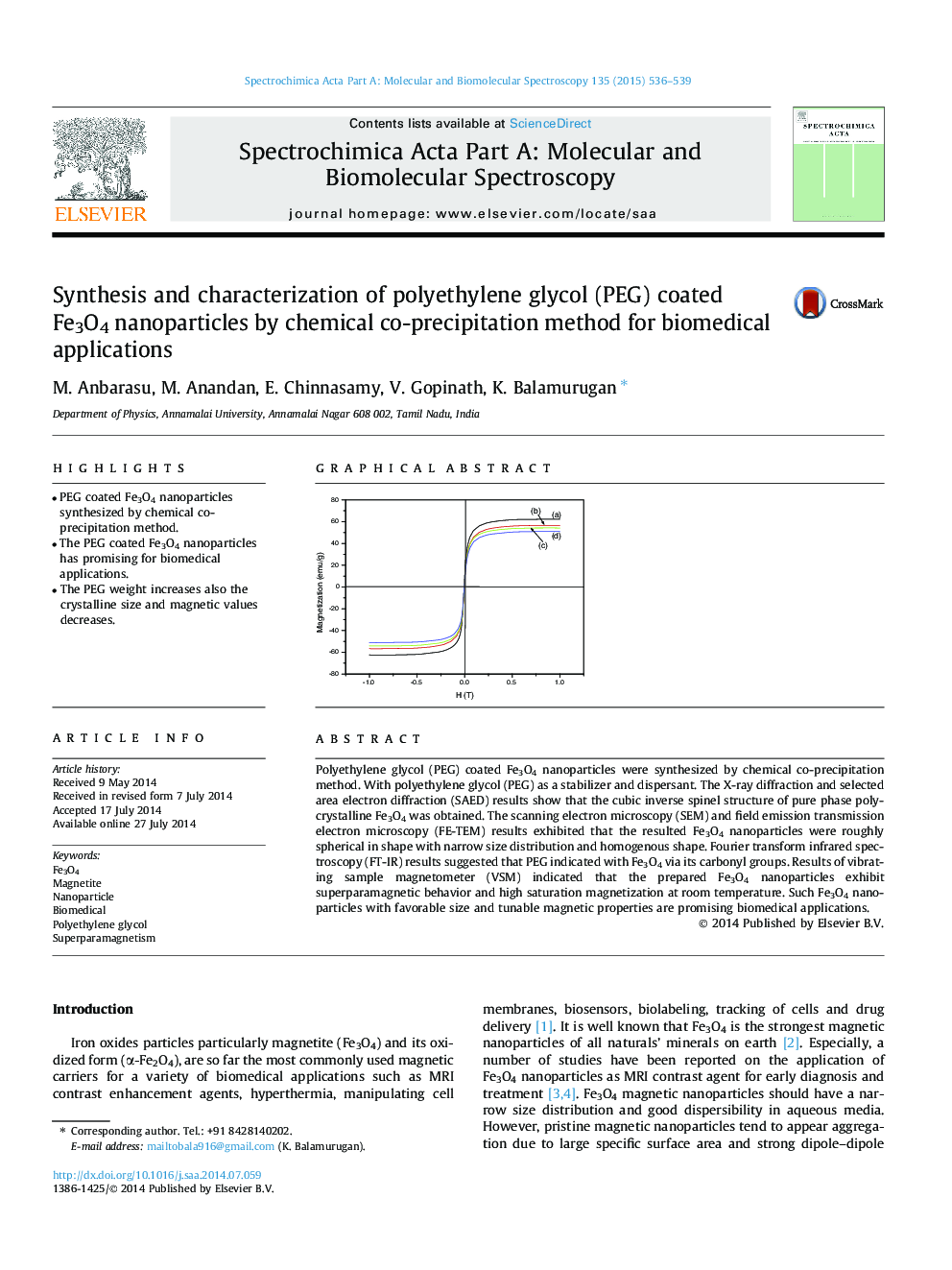 Synthesis and characterization of polyethylene glycol (PEG) coated Fe3O4 nanoparticles by chemical co-precipitation method for biomedical applications