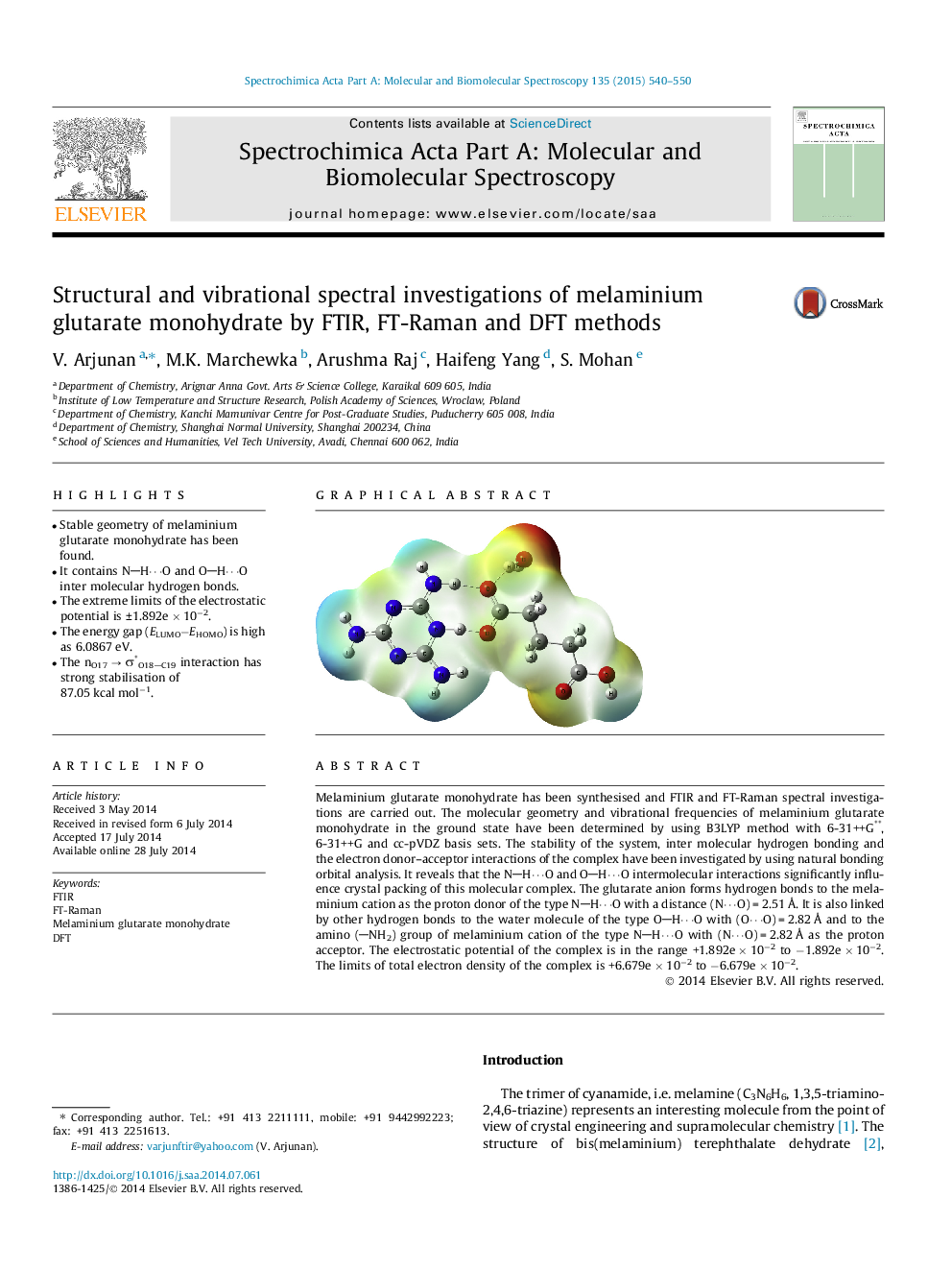 Structural and vibrational spectral investigations of melaminium glutarate monohydrate by FTIR, FT-Raman and DFT methods