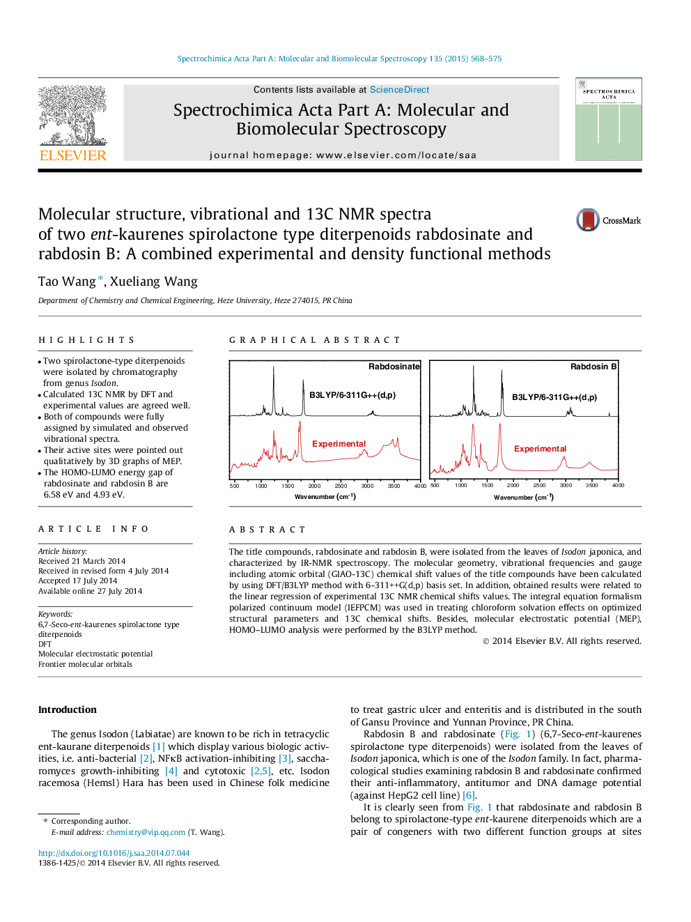 Molecular structure, vibrational and 13C NMR spectra of two ent-kaurenes spirolactone type diterpenoids rabdosinate and rabdosin B: A combined experimental and density functional methods