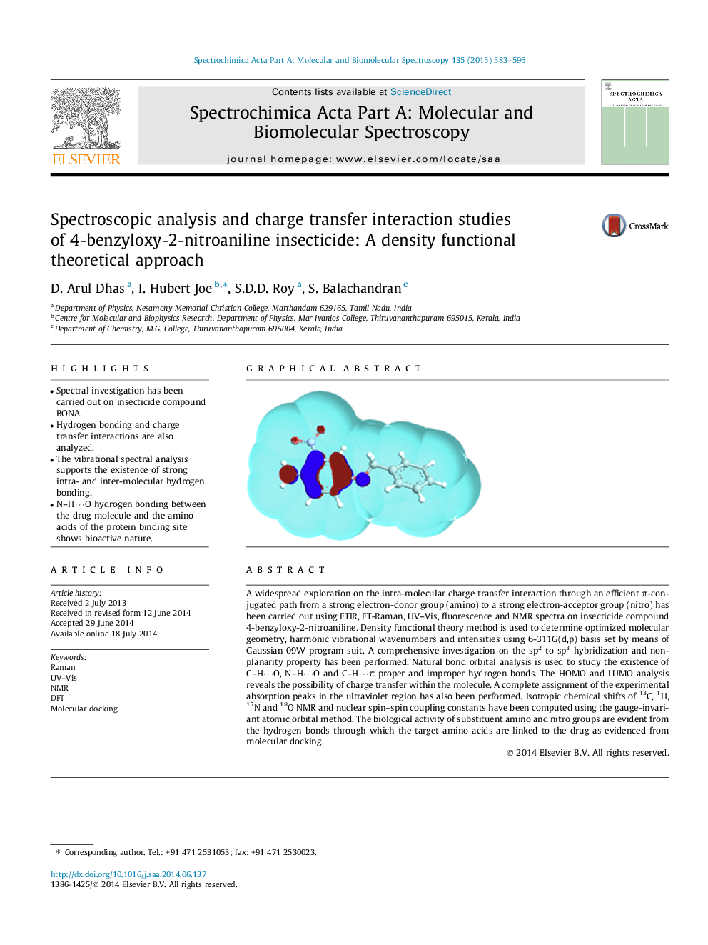 تجزیه و تحلیل اسپکتروسکوپیک و تعامل با انتقال شارژ حشره کش 4-بنزیلوکسی-2-نیترا انیلین: رویکرد نظری کاربردی چگالی 