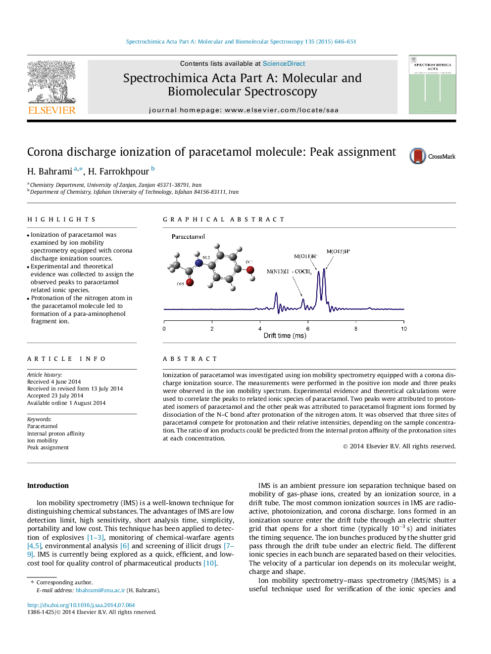 Corona discharge ionization of paracetamol molecule: Peak assignment