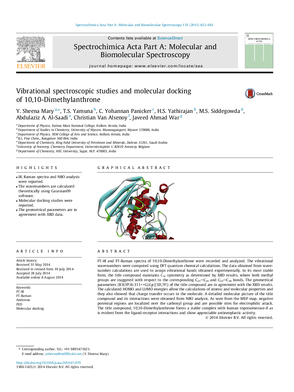 Vibrational spectroscopic studies and molecular docking of 10,10-Dimethylanthrone