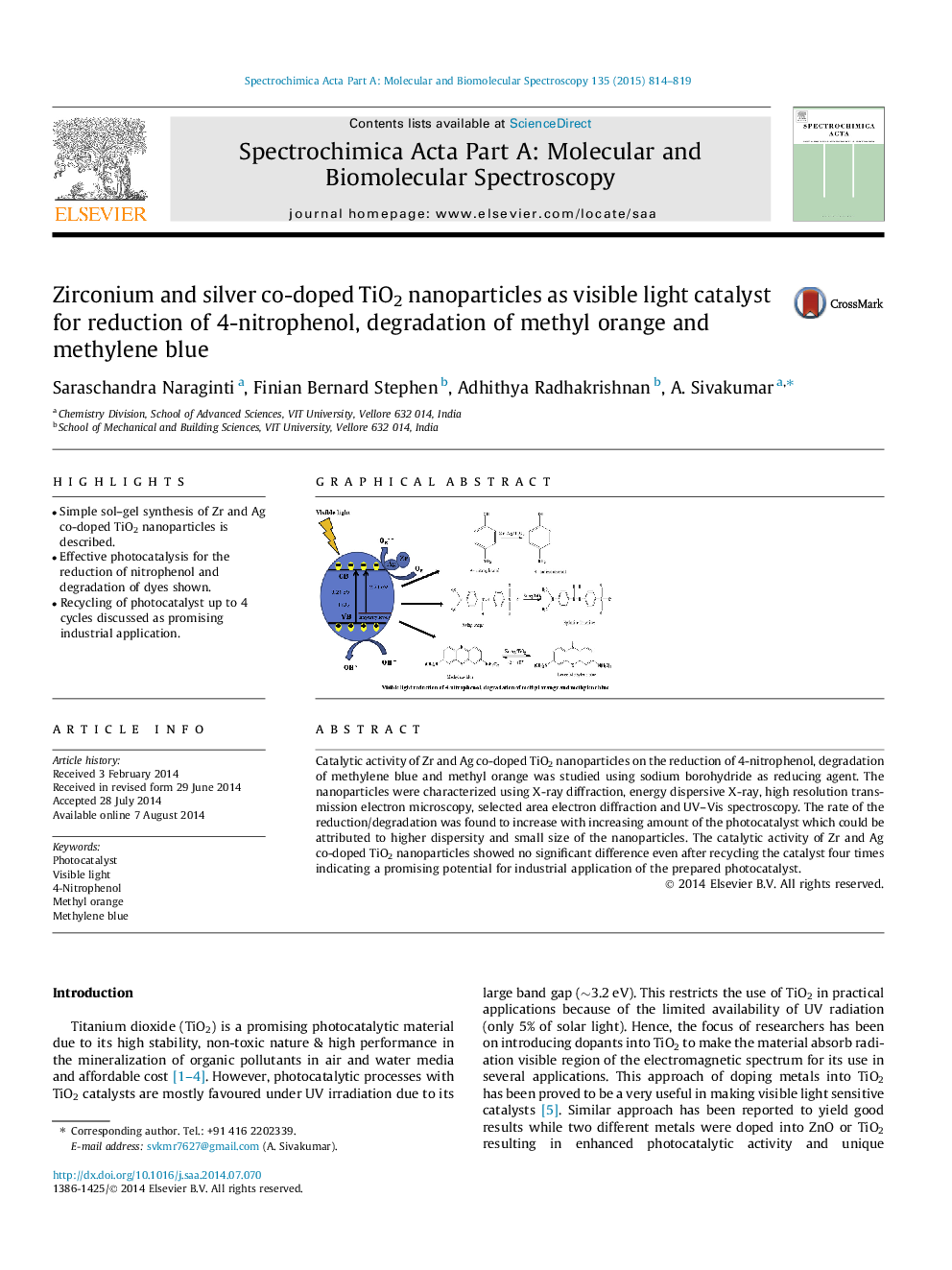 Zirconium and silver co-doped TiO2 nanoparticles as visible light catalyst for reduction of 4-nitrophenol, degradation of methyl orange and methylene blue