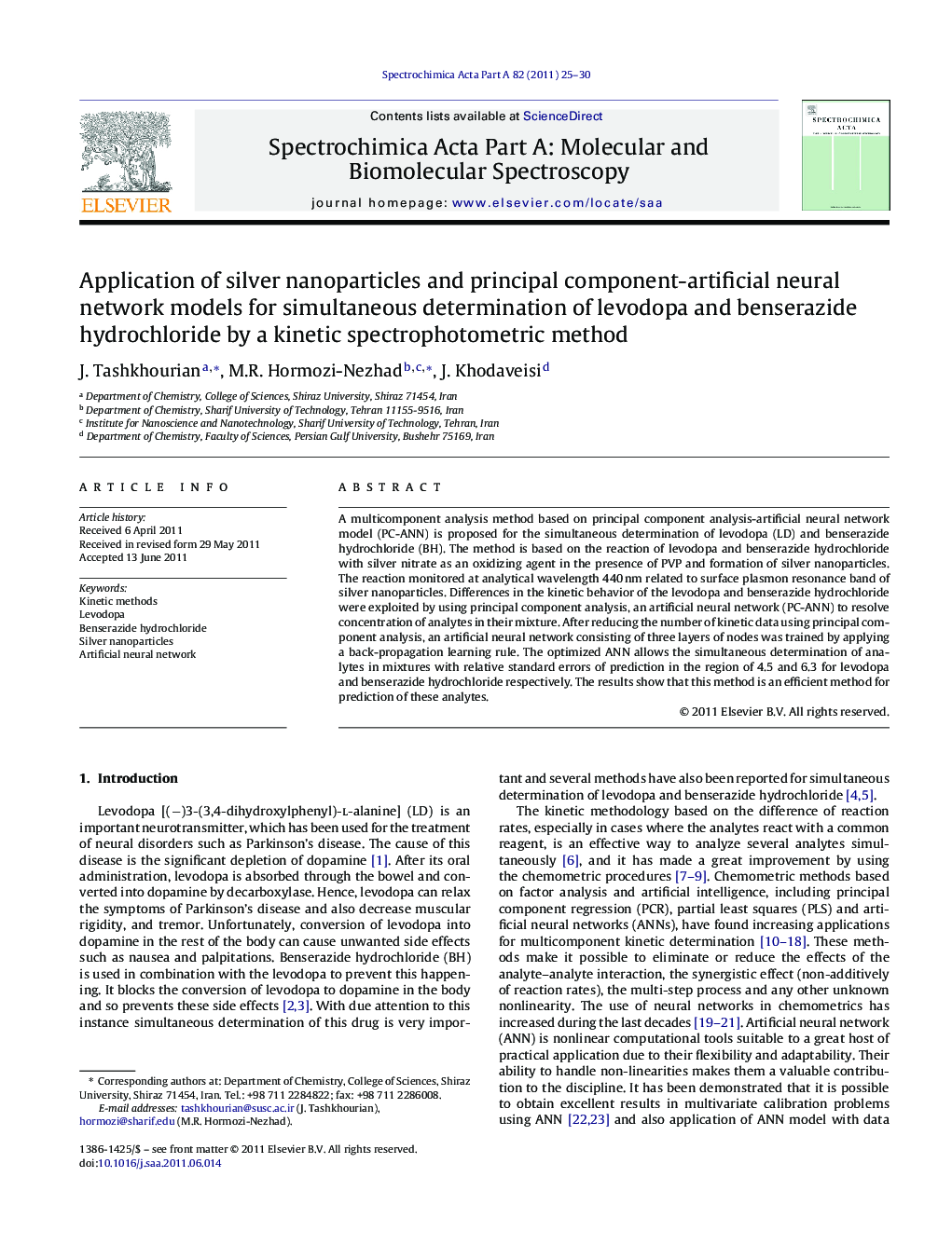 Application of silver nanoparticles and principal component-artificial neural network models for simultaneous determination of levodopa and benserazide hydrochloride by a kinetic spectrophotometric method