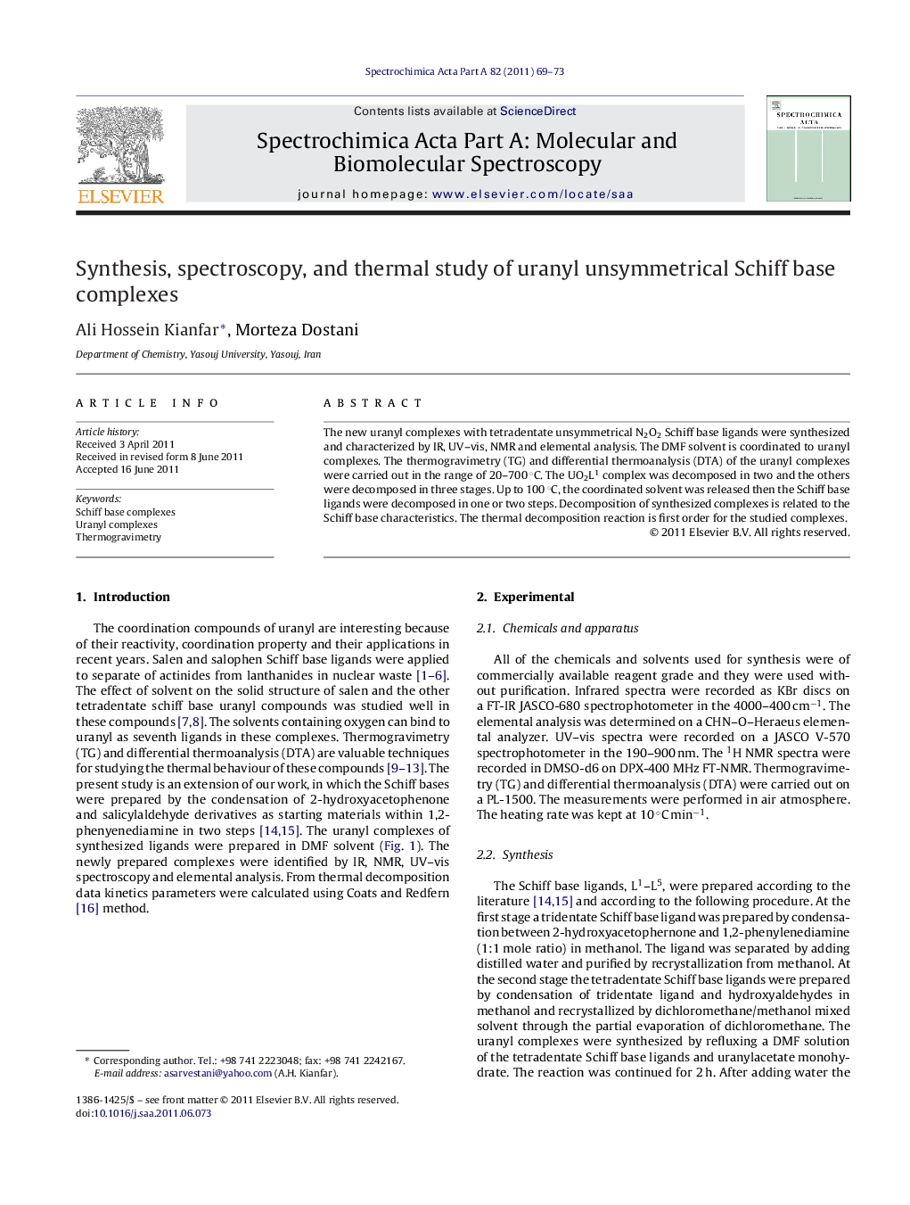 Synthesis, spectroscopy, and thermal study of uranyl unsymmetrical Schiff base complexes