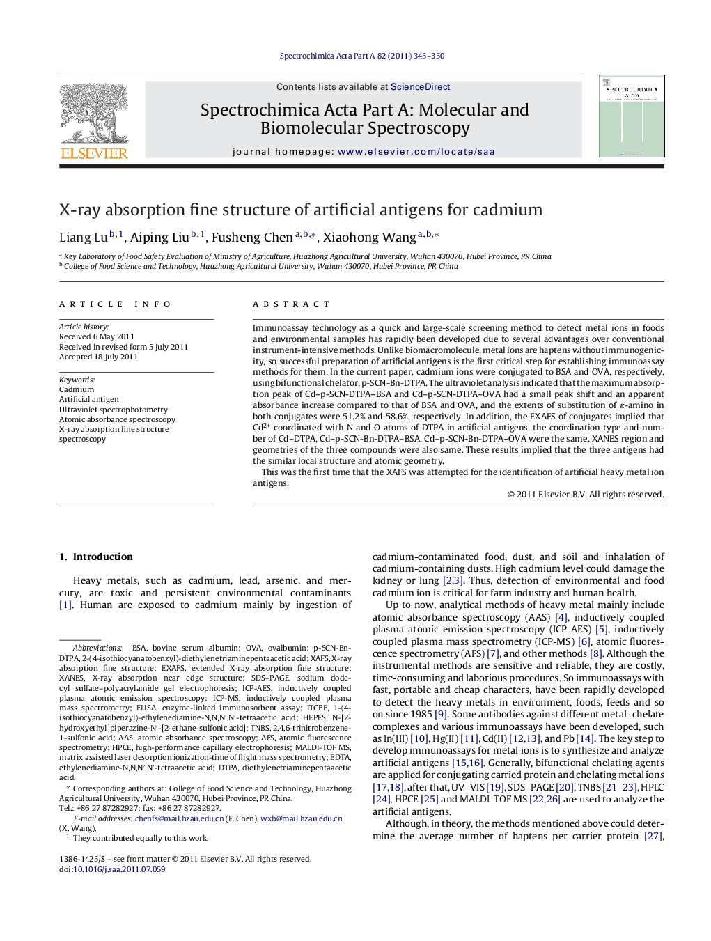 X-ray absorption fine structure of artificial antigens for cadmium