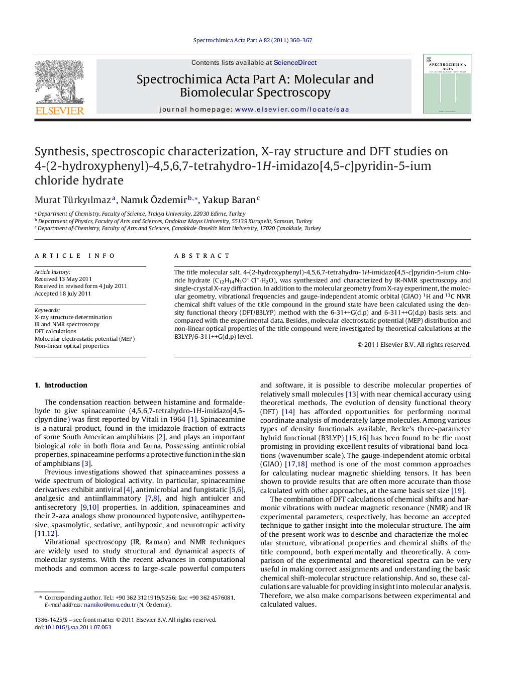 Synthesis, spectroscopic characterization, X-ray structure and DFT studies on 4-(2-hydroxyphenyl)-4,5,6,7-tetrahydro-1H-imidazo[4,5-c]pyridin-5-ium chloride hydrate