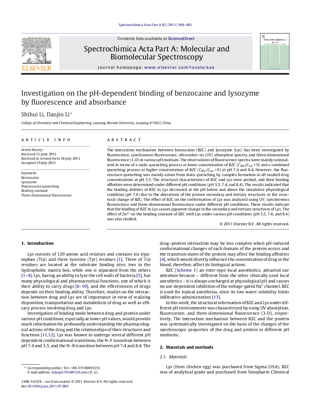 Investigation on the pH-dependent binding of benzocaine and lysozyme by fluorescence and absorbance