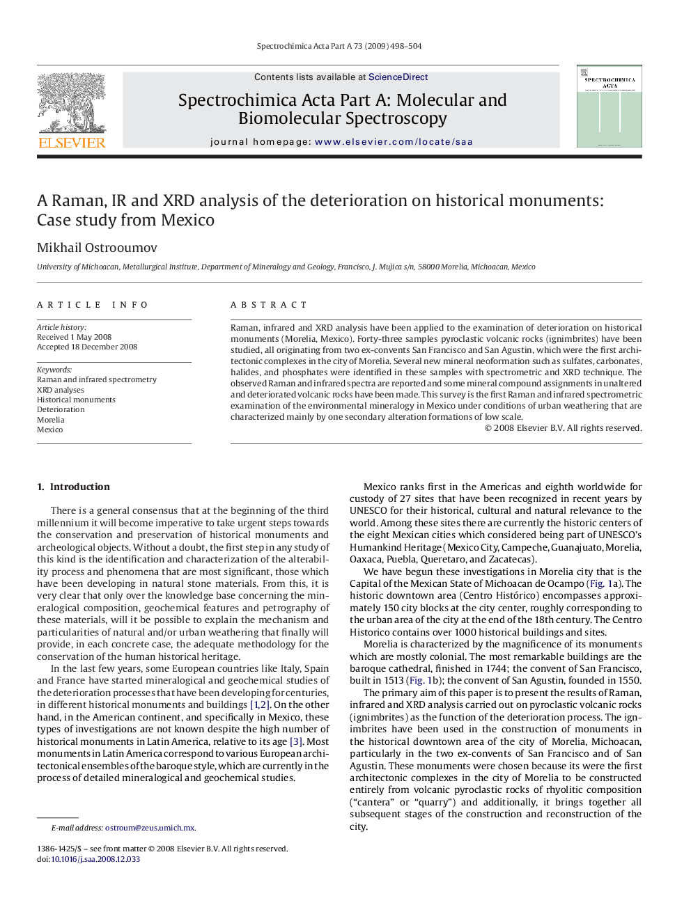 A Raman, IR and XRD analysis of the deterioration on historical monuments: Case study from Mexico