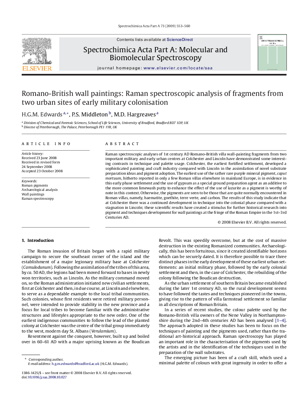 Romano-British wall paintings: Raman spectroscopic analysis of fragments from two urban sites of early military colonisation