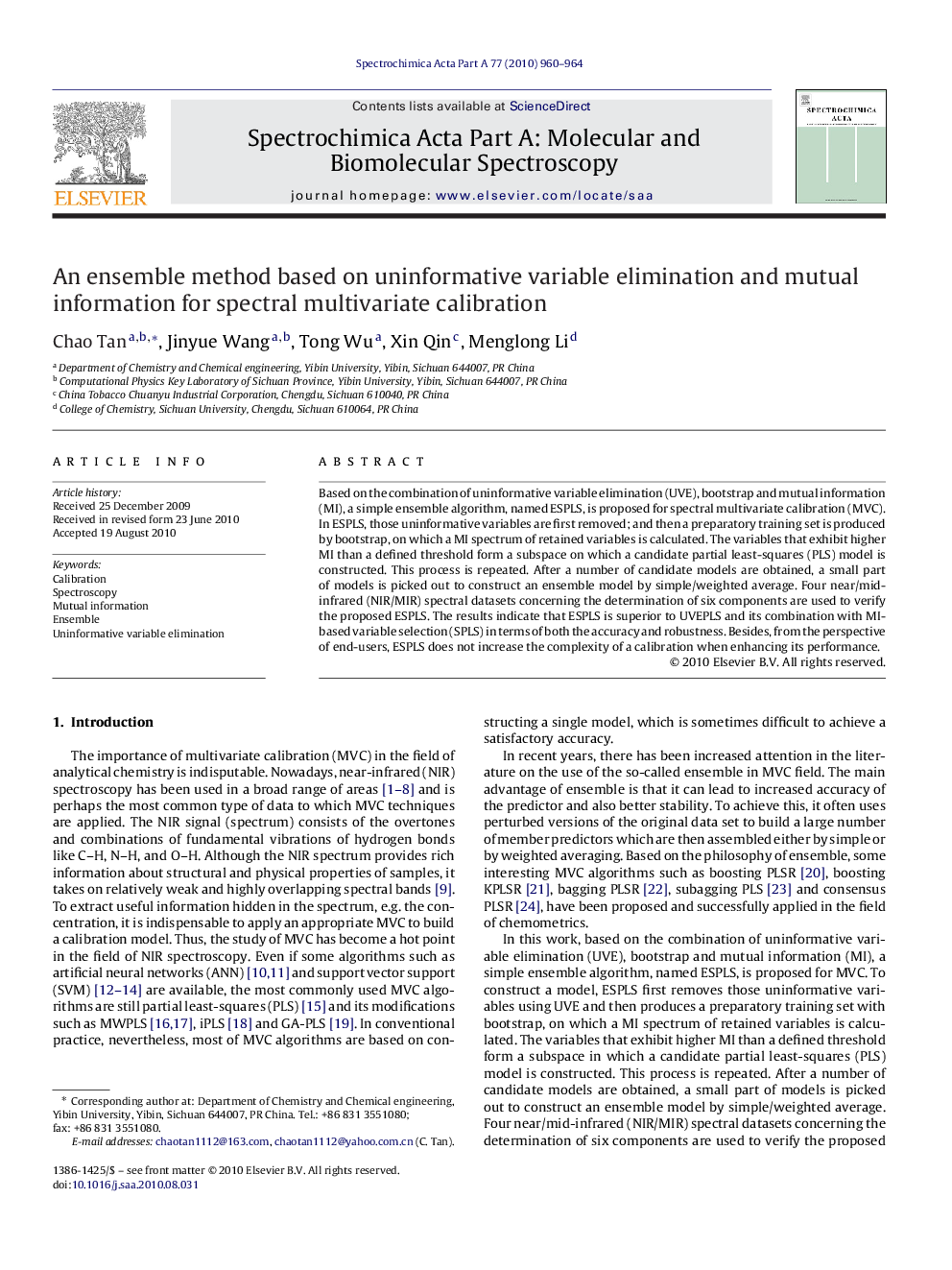 An ensemble method based on uninformative variable elimination and mutual information for spectral multivariate calibration