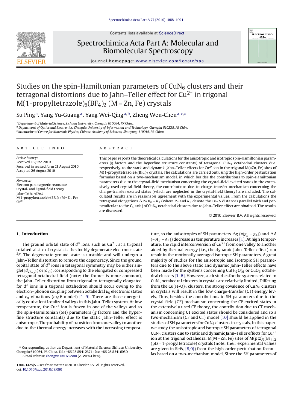 Studies on the spin-Hamiltonian parameters of CuN6 clusters and their tetragonal distortions due to Jahn-Teller effect for Cu2+ in trigonal M(1-propyltetrazole)6(BF4)2 (MÂ =Â Zn, Fe) crystals